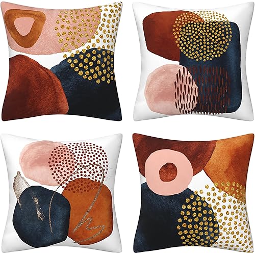 Abstract Boho Throw Pillow Covers 18x18 Set of 4 Mid Century Modern Aesthetic Navy Blue Burnt Orange Pillow Cushion Covers Geometric Minimalist Art Decor for Couch Bed Home Decor