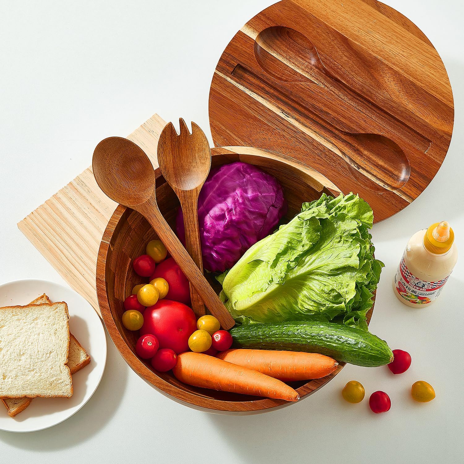 JOYMAY Salad Bowls Wood Salad Bowl Set with Lid 11.8 Inch Large Wooden Bowls Set Acacia Wood Serving-Bowl with Serving Utensils Bowl for Kitchen, Dining, Party - Image 4