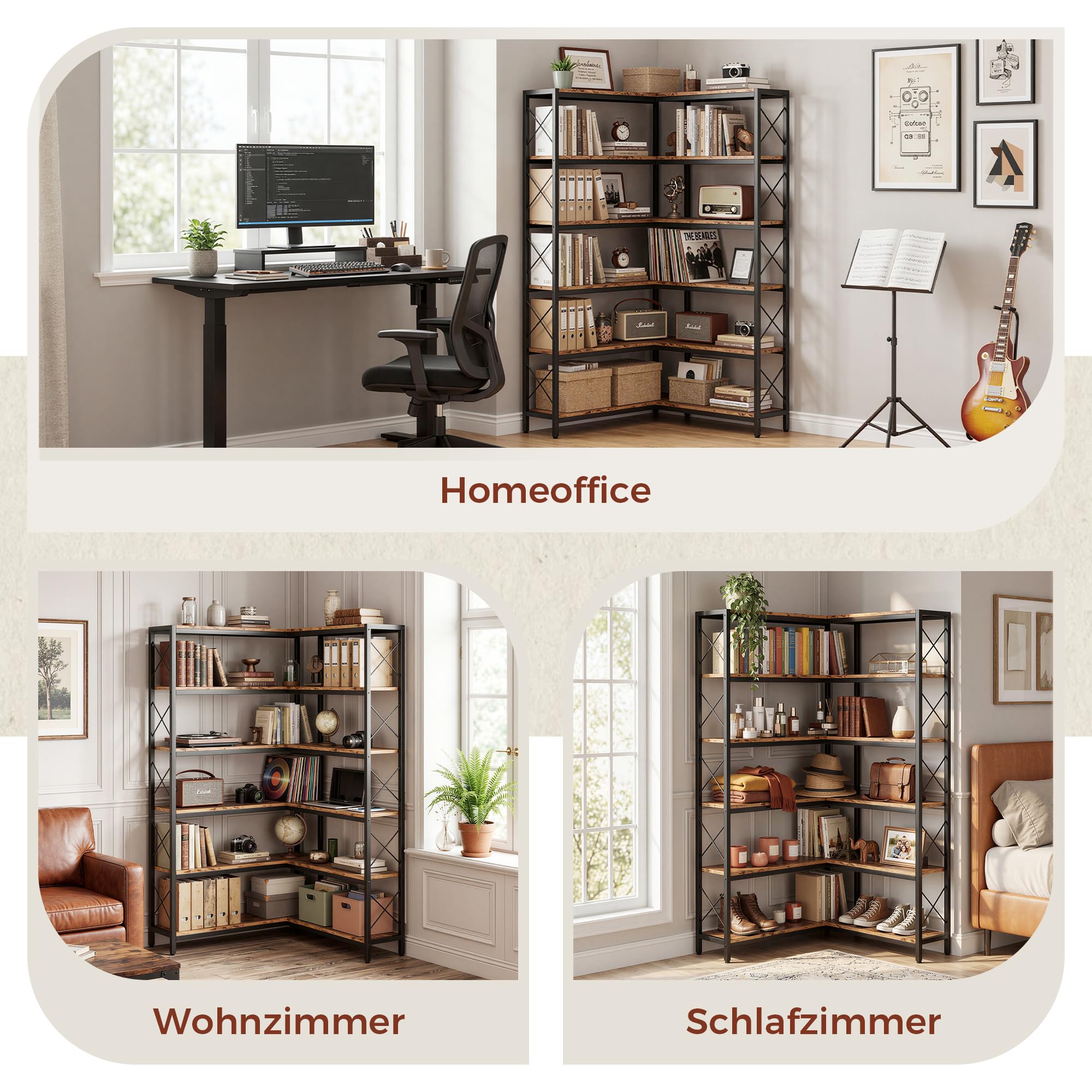 IRONCK Bücherregal, 6-stöckiges L-förmiges Eckbuchregal mit verstellbaren Füßen, Industrielles Eckregal für Wohnzimmer, Schlafzimmer, Home Office, Rustik Braun, 80×80×167cm
