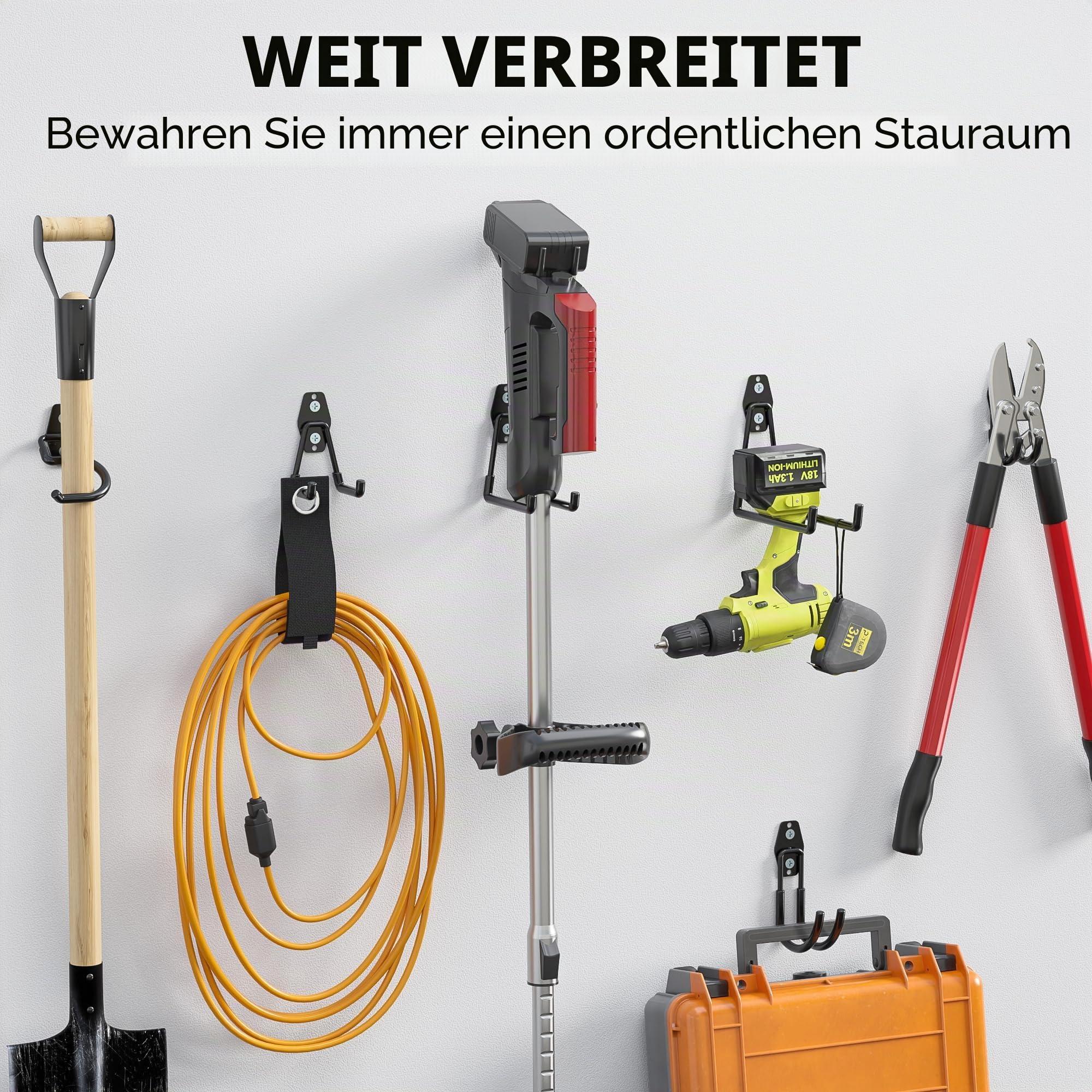 BONTEC 18 Stück Wandhaken Set, Stahl-Haken für Garage, Werkstatt, Fahrradhalterung, Gartengeräte, U/J/S-Hakens, Schwarz mit Anti-Rutsch-Beschichtung, geeignet für Trockenbau & Ziegelwände