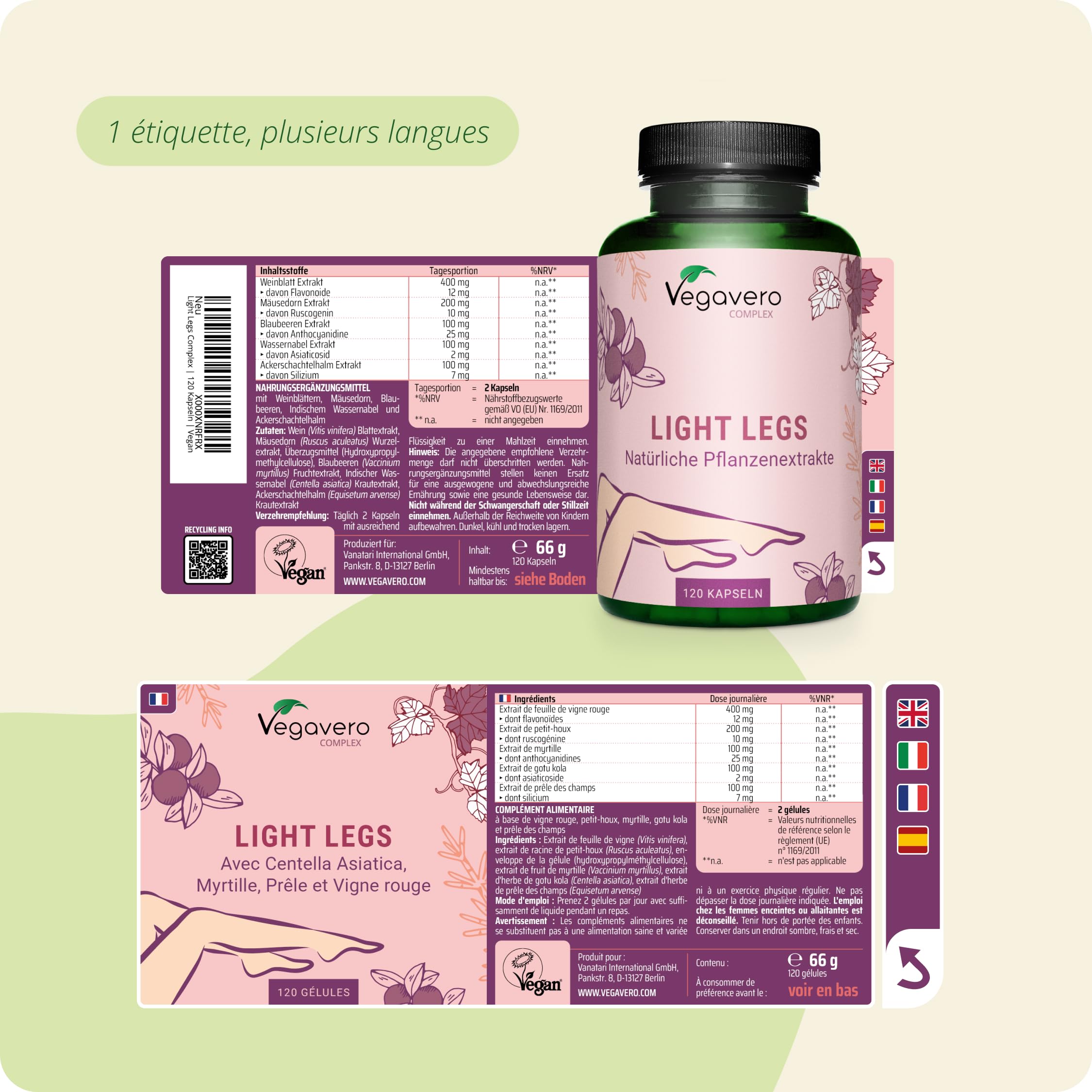 Circulation Sanguine | Jambes Lourdes et Gonflées | Vegavero® | 120 Gélules | Avec Vigne Rouge, Prêle des Champs, Petit Houx, Gotu Kola et Myrtille | 100% Naturel | Vegan