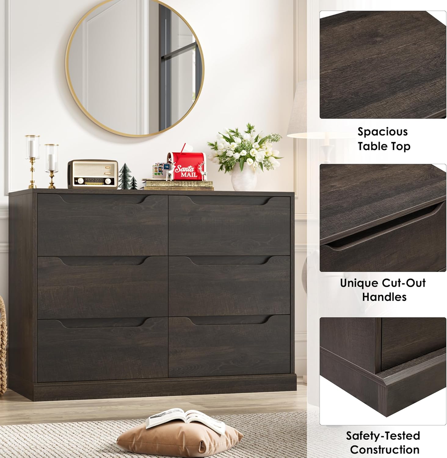 HOSTACK Modern 6 Drawer Dresser for Bedroom, Double Chest of Drawers with Storage, Large Wooden Storage Dresser Organizer with Cut-Out Handle, Accent Storage Cabinet for Living Room, Dark Brown