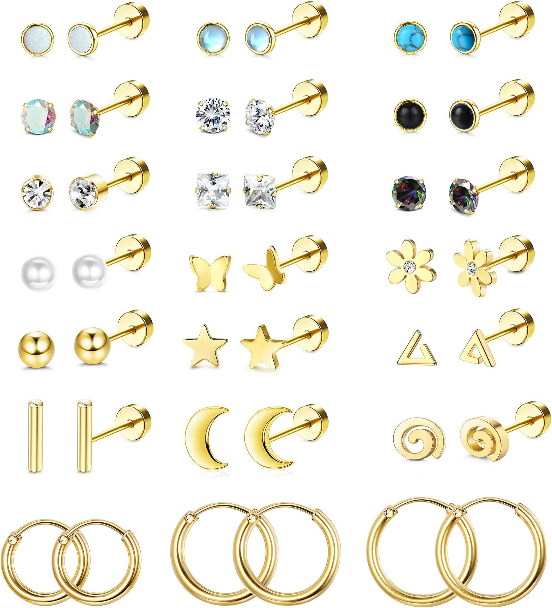 FIOROYAL21 Pairs Flat Back Earrings for Women Men Hoop Earrings Cartilage Helix Earrings 20G Stainless Steel Earrings Hypoallergenic Tragus Helix Ear Piercing Stud CZ Moon Star Stud Earrings