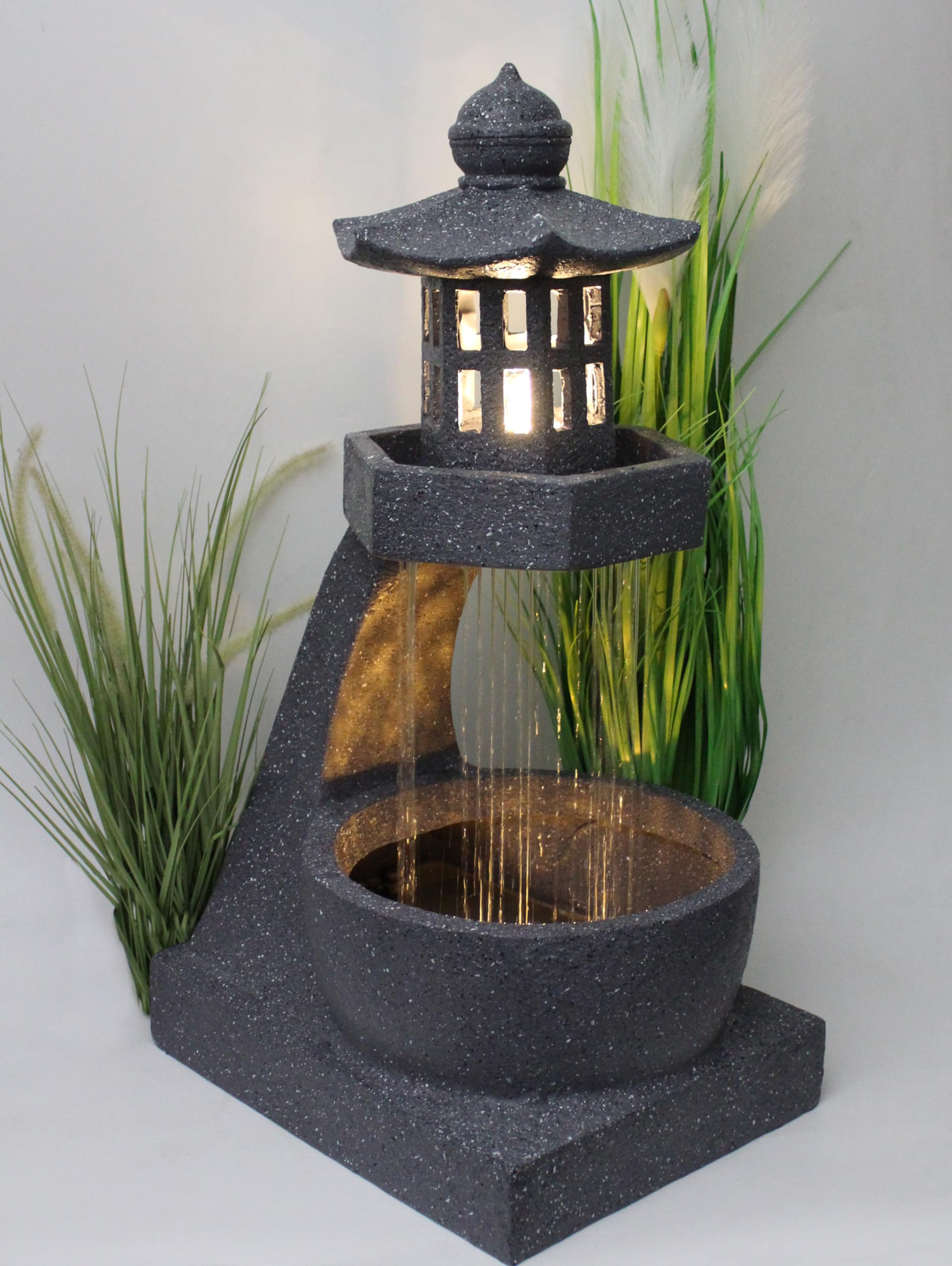 Gartenbrunnen mit Pagoden-Laterne Springbrunnen 77cm Wasserspiel Gartendekoration mit LED Beleuchtung Gartendekoration