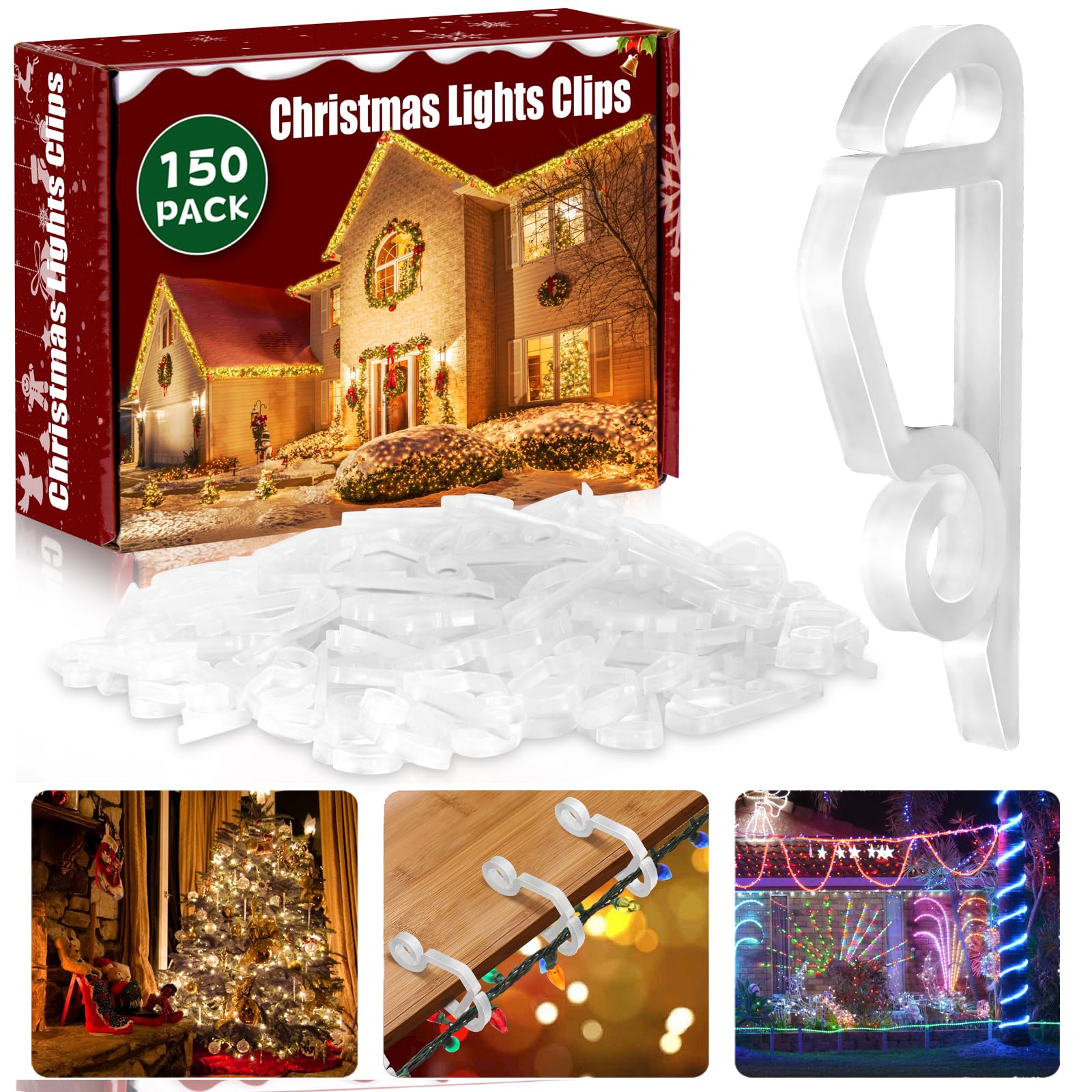 Dreamtop 150PCS Christmas Light Clips Outdoor Plastic Gutter Hooks Christmas Lights Hooks for Hanging Weatherproof Holiday Light Clips for Christmas Decoration (White)