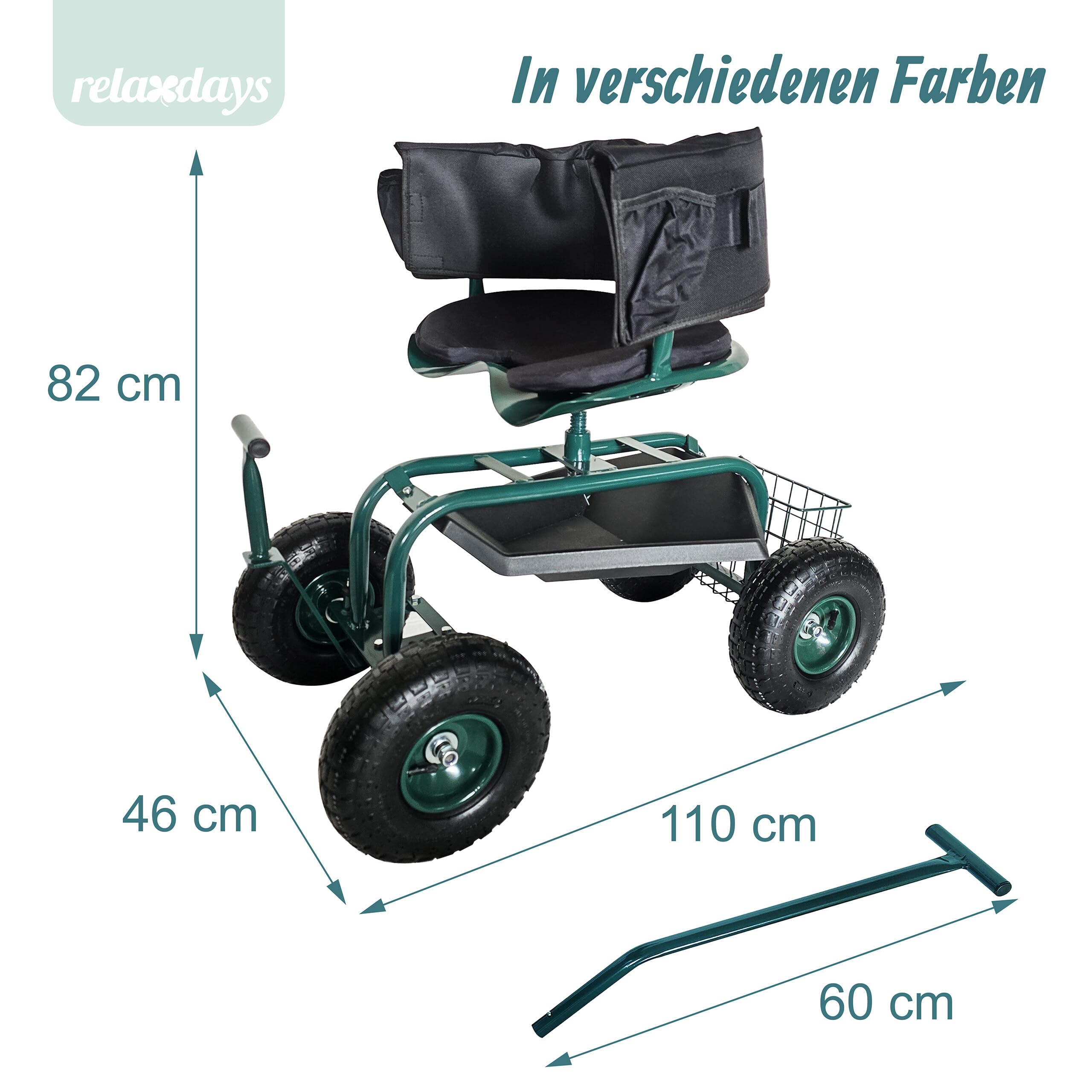 Relaxdays fahrbarer Gartensitz, höhenverstellbar, 150 kg, Stauraum, Lenkstangen, Sitzkissen, Lehne, Gartenwagen, grün