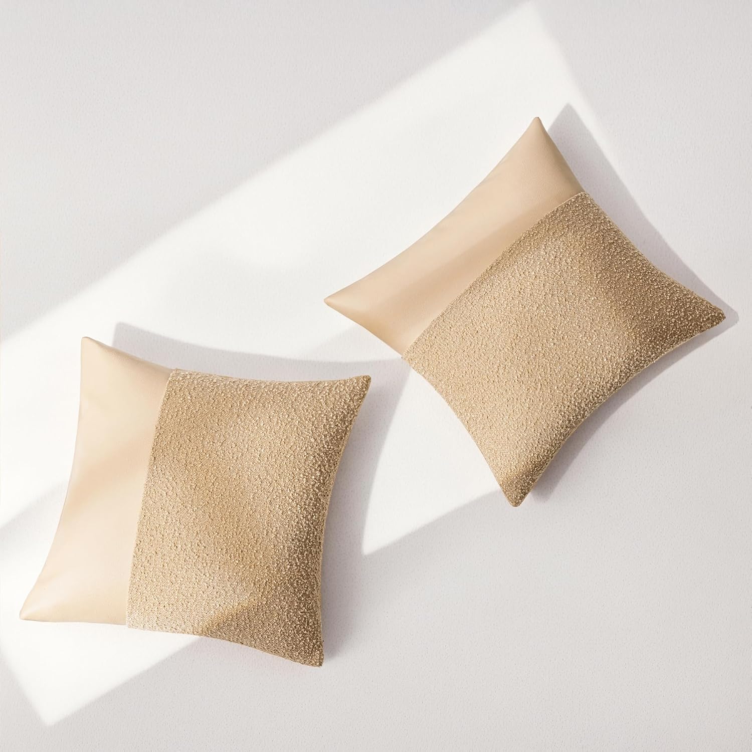 Set of 2 Fluffy Boucle Pillow Covers 18"x18", Khaki Textured Throw Pillow Covers with Faux Leather Accents, Boho Decorative Pillow Cases for Couch, Bed, or Farmhouse Home Decor - Image 3