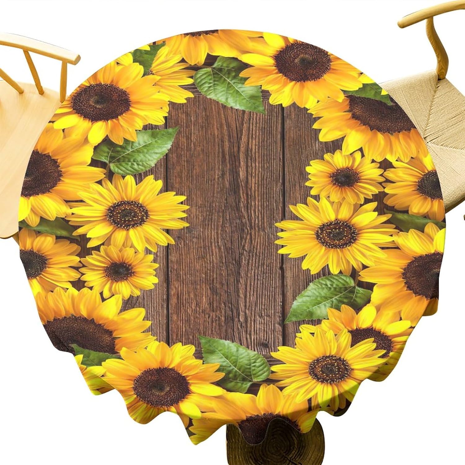 Sunflower Tablecloth Wood Grain Rustic Tablecloth Vintage Round Cloth Table Covers Countryside Outdo 100% Polyester Tableclothfor Dinner Kitchen Party Holiday Decor 70"