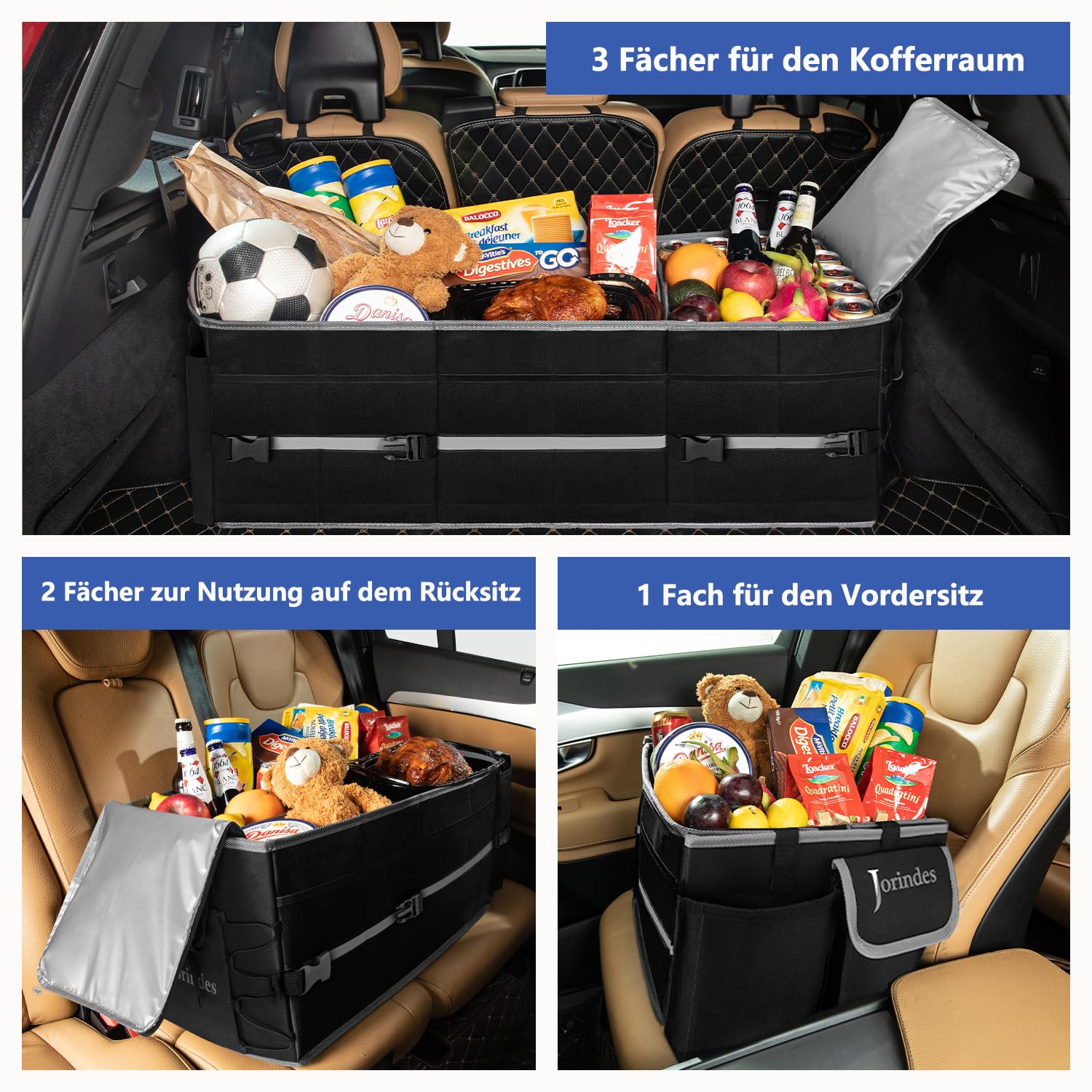 Jorindes Kofferraum Organizer, Kofferraumtasche mit Kühltasche, Auto Organizer Kofferraum Zusammenklappbarer 3 Extra Große Fächer 5IN1 Auto Aufbewahrungsbox - Verstellbare Sicherungsriemen