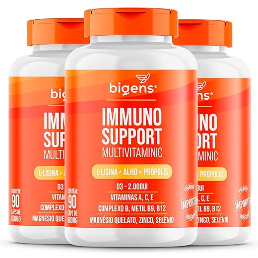 Immuno Support Multivitaminic com L-lisina, alho, própolis, Vitamina A, C, E, D3, Zinco, B9, B12, Magnésio & Selênio Bigens, 90 Cápsulas (Kit 3)