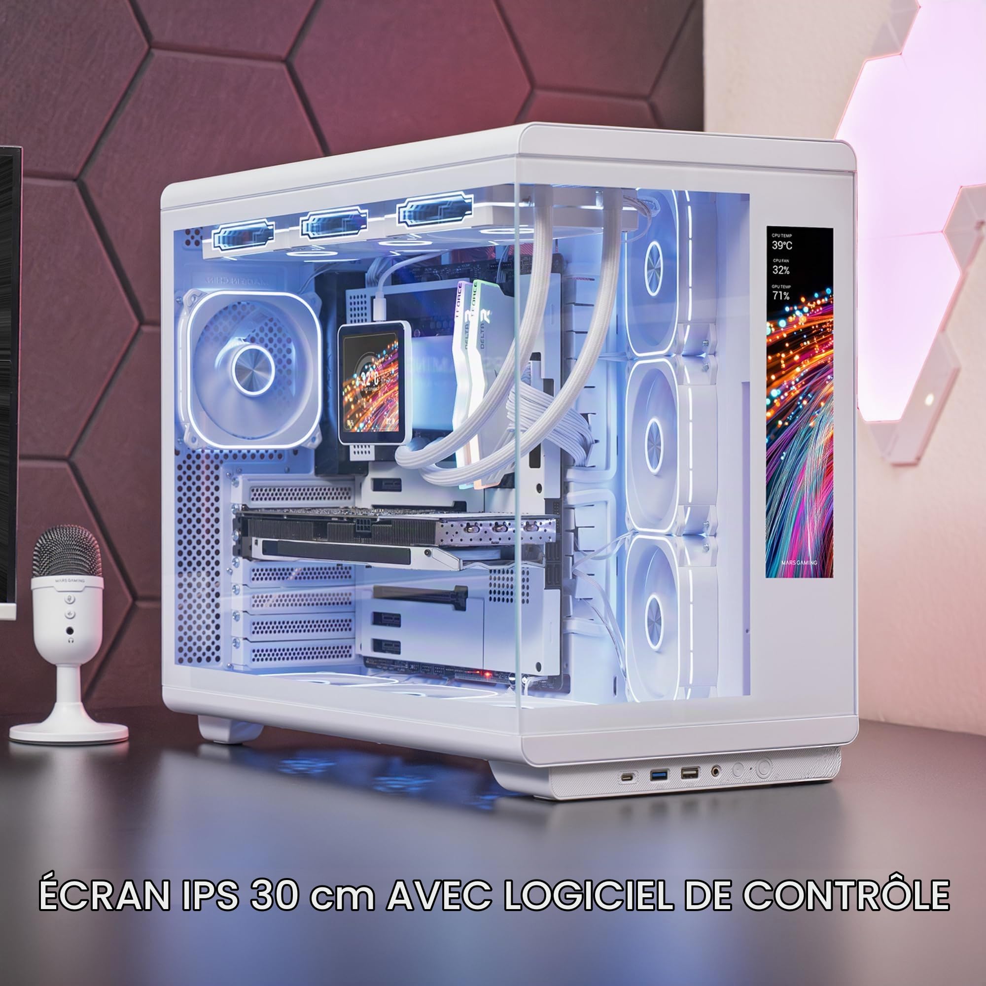 Mars Gaming MC-REVMAX, Boîtier PC ATX, Écran IPS 11.8", Verre Trempé Continu, 4 Ventilateurs PWM ARGB, Refroidissement Liquide jusqu'à 360mm, Compatible Cartes Mères à Connecteur Inversé, USB-C, Blanc