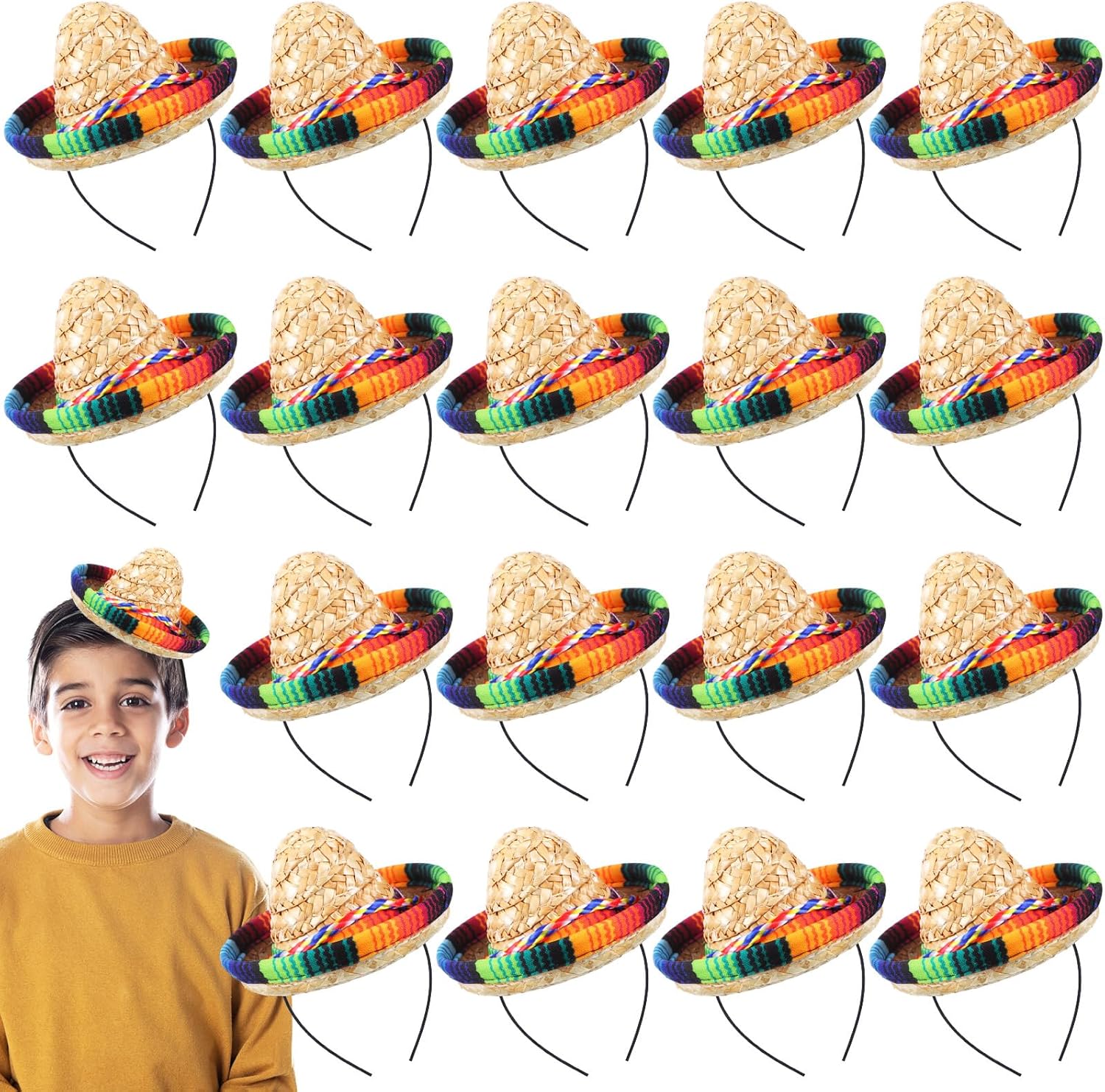Libima 18 Pcs Mini Mexican Sombreros Party Hats, Mexican Party Decorations Bulk for Kid Adult, 5.9 Inch Halloween Fabric Straw Headband
