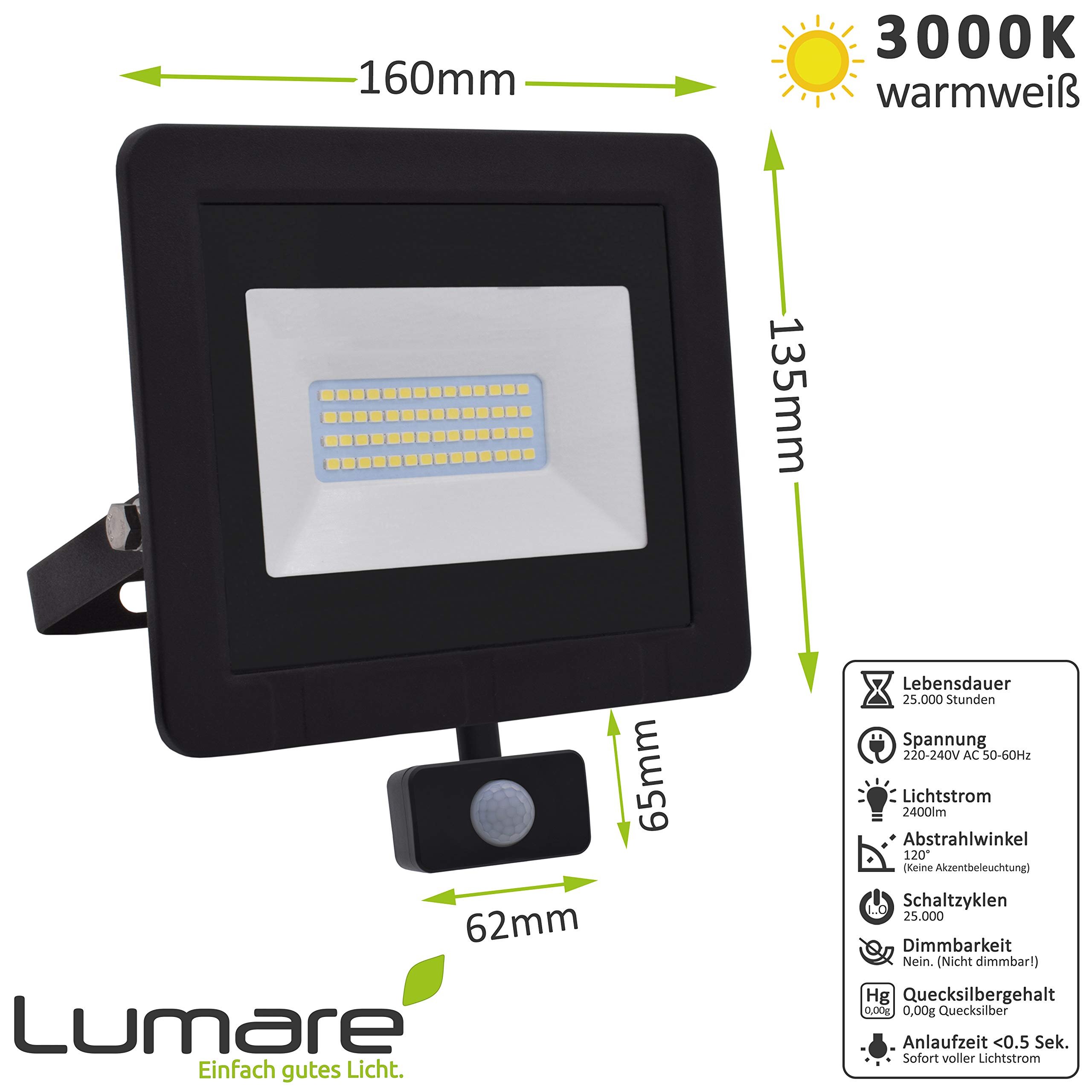 Lumare LED Projecteur 30W | avec détecteur de mouvement et fiche de raccordement | 3000lm | 3000K blanc chaud | Pour extérieur et intérieur IP65 | Projecteur remplace env. 200W