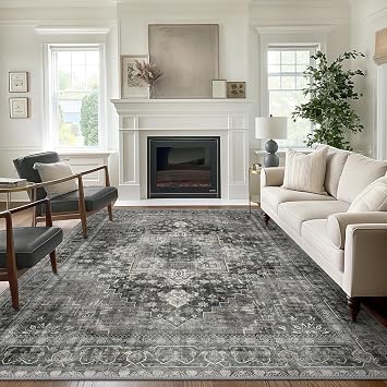 BEIMO Area Rugs for Living Room 6x9 Machine Washable Rug, Boho Vintage Retro Large Floral Medallion Carpet for Bedroom Dining Room, Low Pile Lightweight Non Slip Rug, Black/Gray