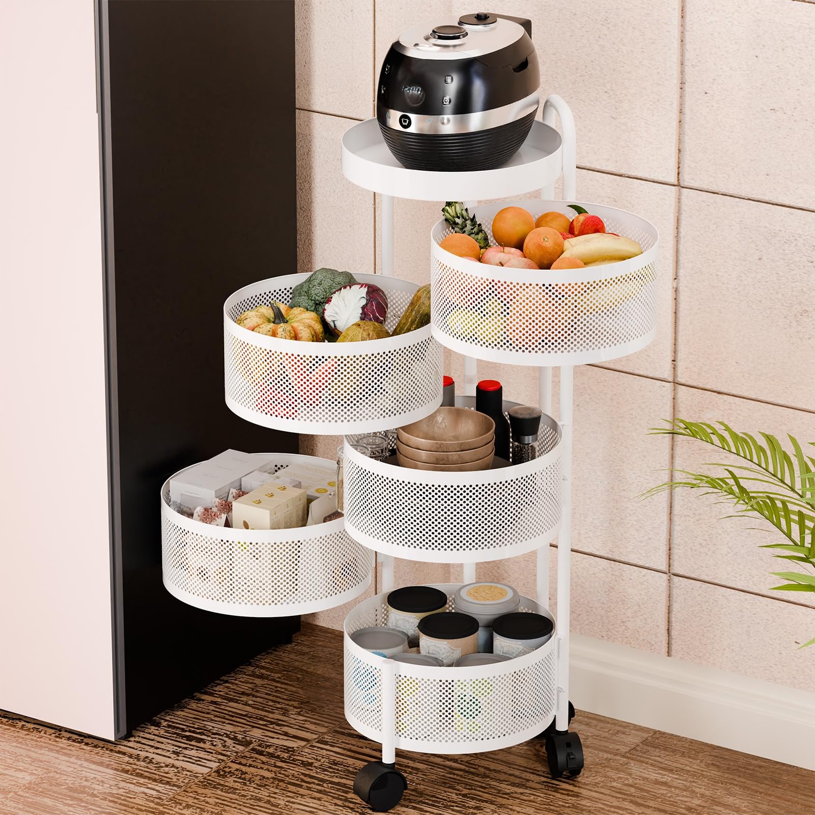 Carrito de almacenamiento de cocina, cesta giratoria circular de 5 niveles, estante de almacenamiento grande con ruedas de 360 grados, estante de frutas y verduras, carrito móvil
