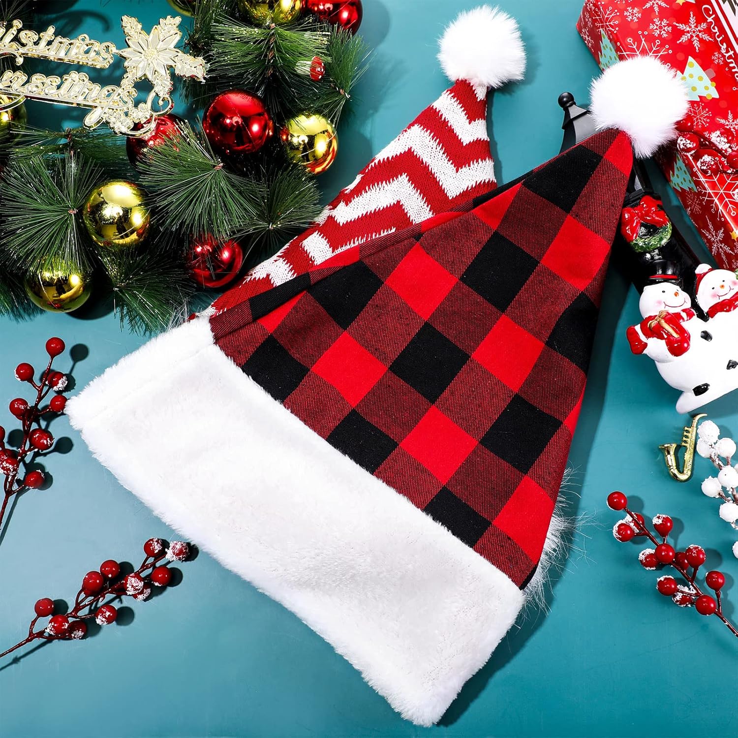 8 Great Christmas Hats - Includes White Fluffy & Stripe Santa Hats, Buffalo Plaid & Snowflake Designs for Men & Women