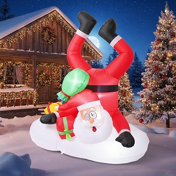Funny Christmas Inflatables 6ft Santa Claus Upside Down with Gifts Xmas Blow up Yard Decorations Outdoor with Built-in LED Lights