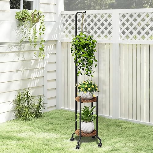 Miniatura 7 de Soporte para plantas de interior, estante alto colgante de 2 niveles con ruedas, soporte de 3 esquinas para flores, soporte de metal para plantas,
