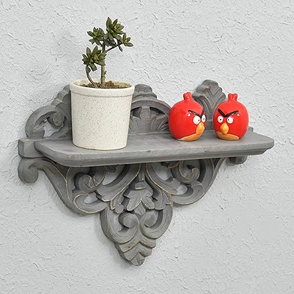 WOODENCLAVE Hand Carved Solid Wood Flower Design Wall Mounted Floating Shelf Wall Bracket Shelvess for Home Living Room Decor - (Distressed Gray)