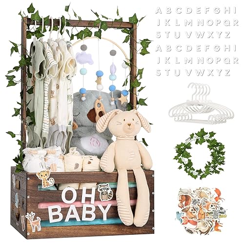 Miniatura 10 de Cesta de regalo para baby shower, caja de madera, letras de madera personalizadas y perchas para ropa recién nacido, regalos para bebés, niñas y