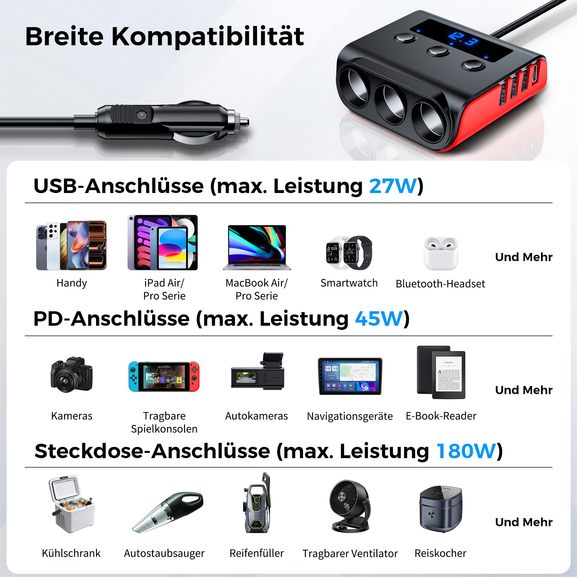 SONRU 180W Zigarettenanzünder Verteiler, 7 in 1 Auto Ladegerät Adapter Kfz, 3 Fach 12V/24V Steckdose mit 45W PD & 3 USB, Autoladegerät Zigarettenanzünder Stecker für iPhone 17/iPad/Dashcam/GPS