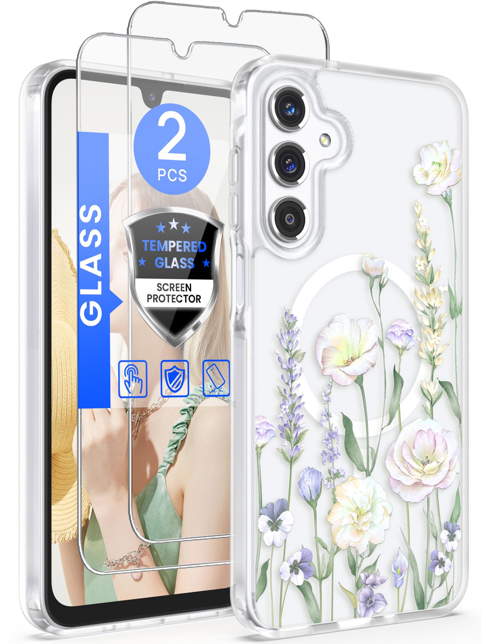 Yucenx for Samsung Galaxy A16 5G Floral Phone Case with 2X Screen Protector, Military Grade Magnetic Translucent Matte Girls Women Flower Pattern