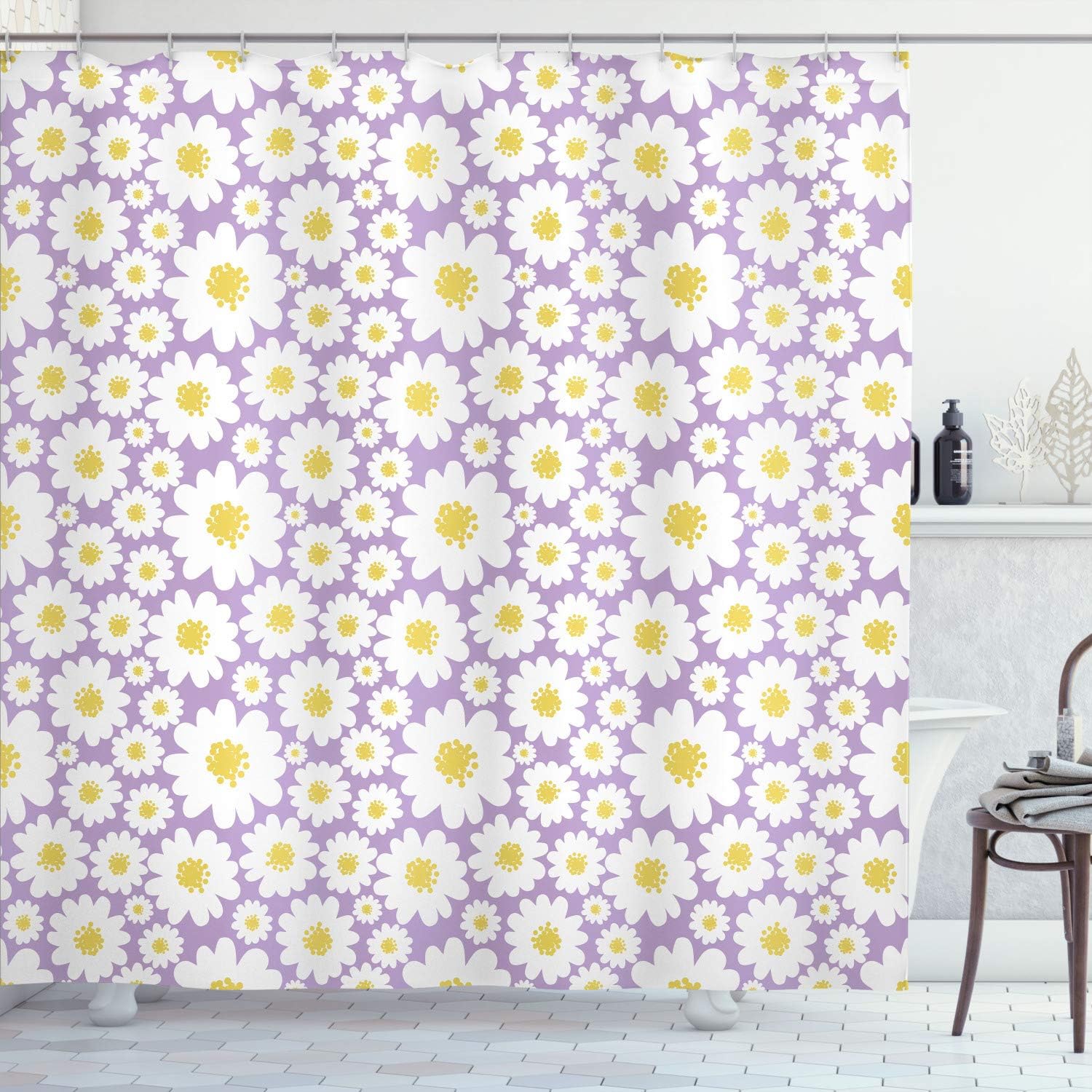 Ambesonne Floral Shower Curtain, Pastel Cartoon Like Flowers Daisies Spring Time Season Artwork Print, Cloth Fabric Bathroom Decor Set with Hooks, 69" W x 70" L, Pastel Purple