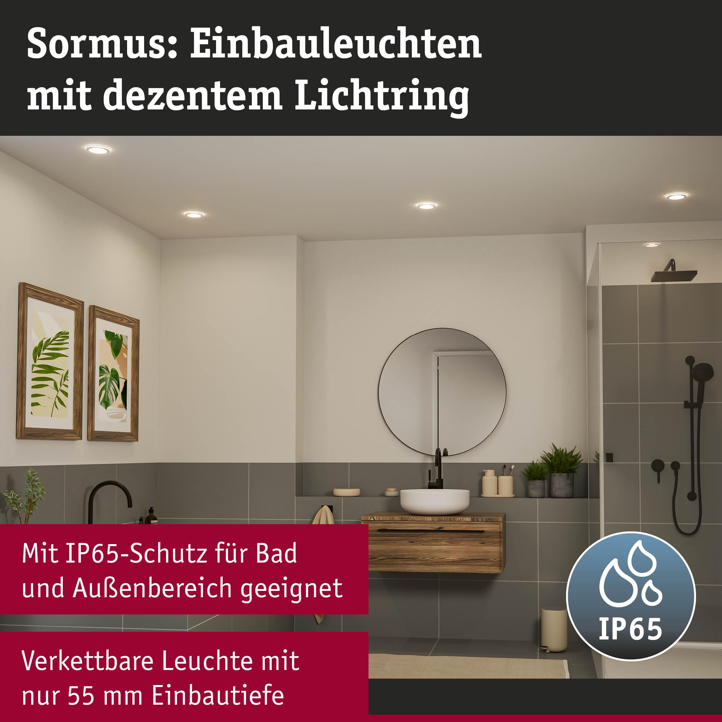 Paulmann 92248 LED Einbauleuchte Sormus IP65 rund 100mm 3x4,8/1,5W 560lm / 180lm 230V 3000K Weiß