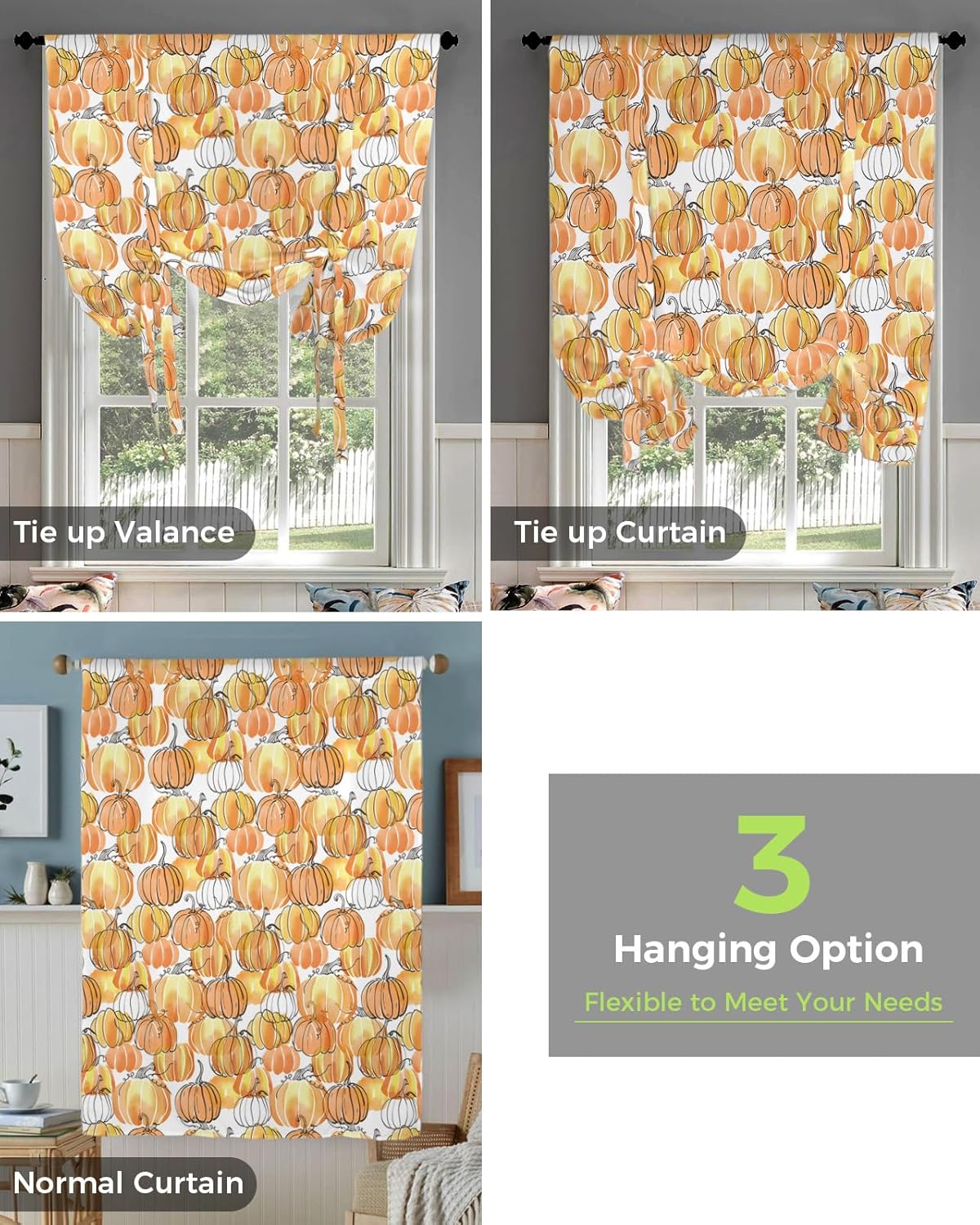 Thanksgiving Tie Up Window Shade Curtain Lines Vegetable Orange Pumpkin Kitchen Adjustable Balloon Curtains Shades Drape 52x63In for Living Room/Bedroom/Cafe Windows Fall Harvest