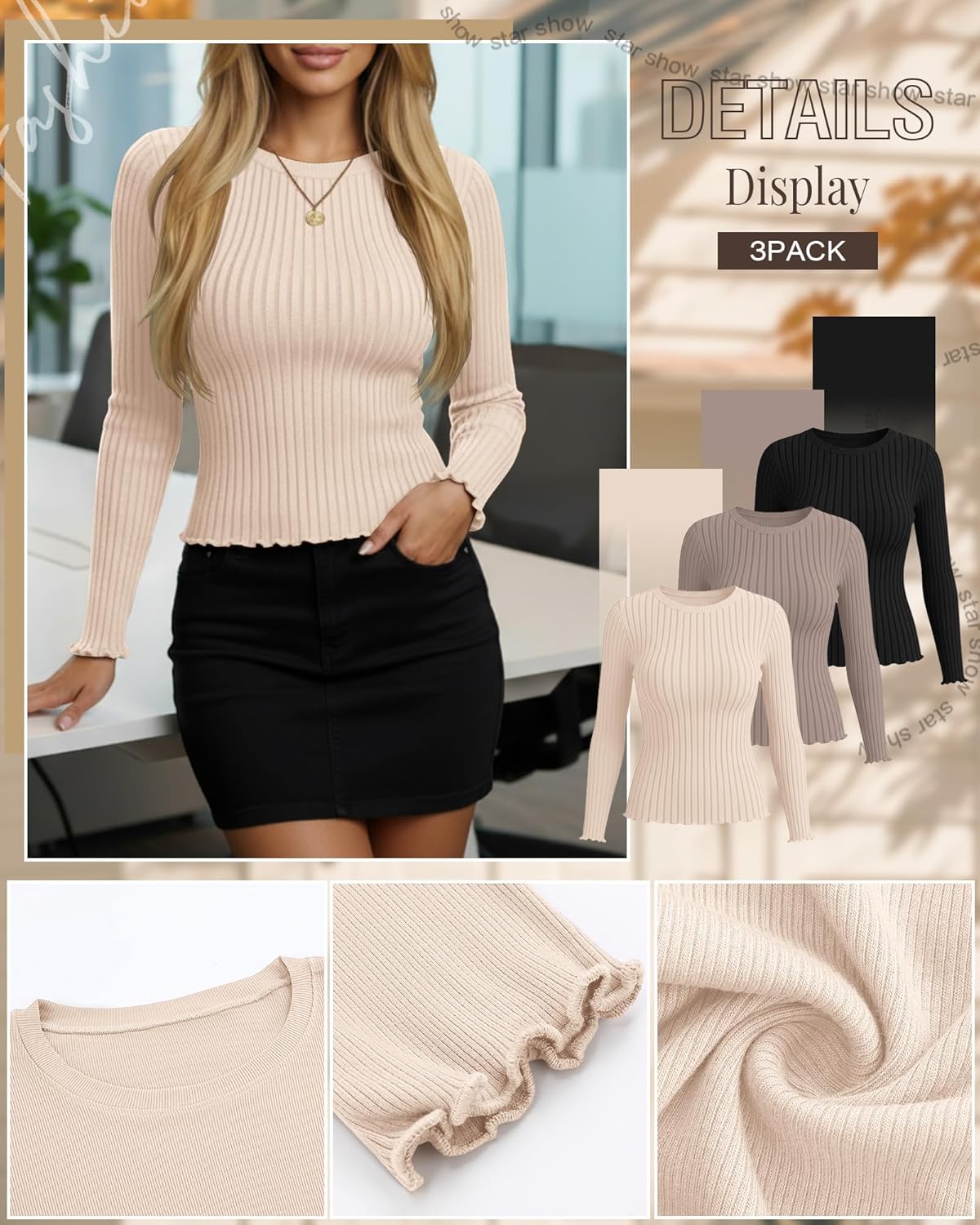 3 Pack Cotton Womens Ribbed Shirt Long Sleeve Undershirt Crewneck Fitted Tops Stretch Knit Lettuce Trim Casual Tee - Image 5