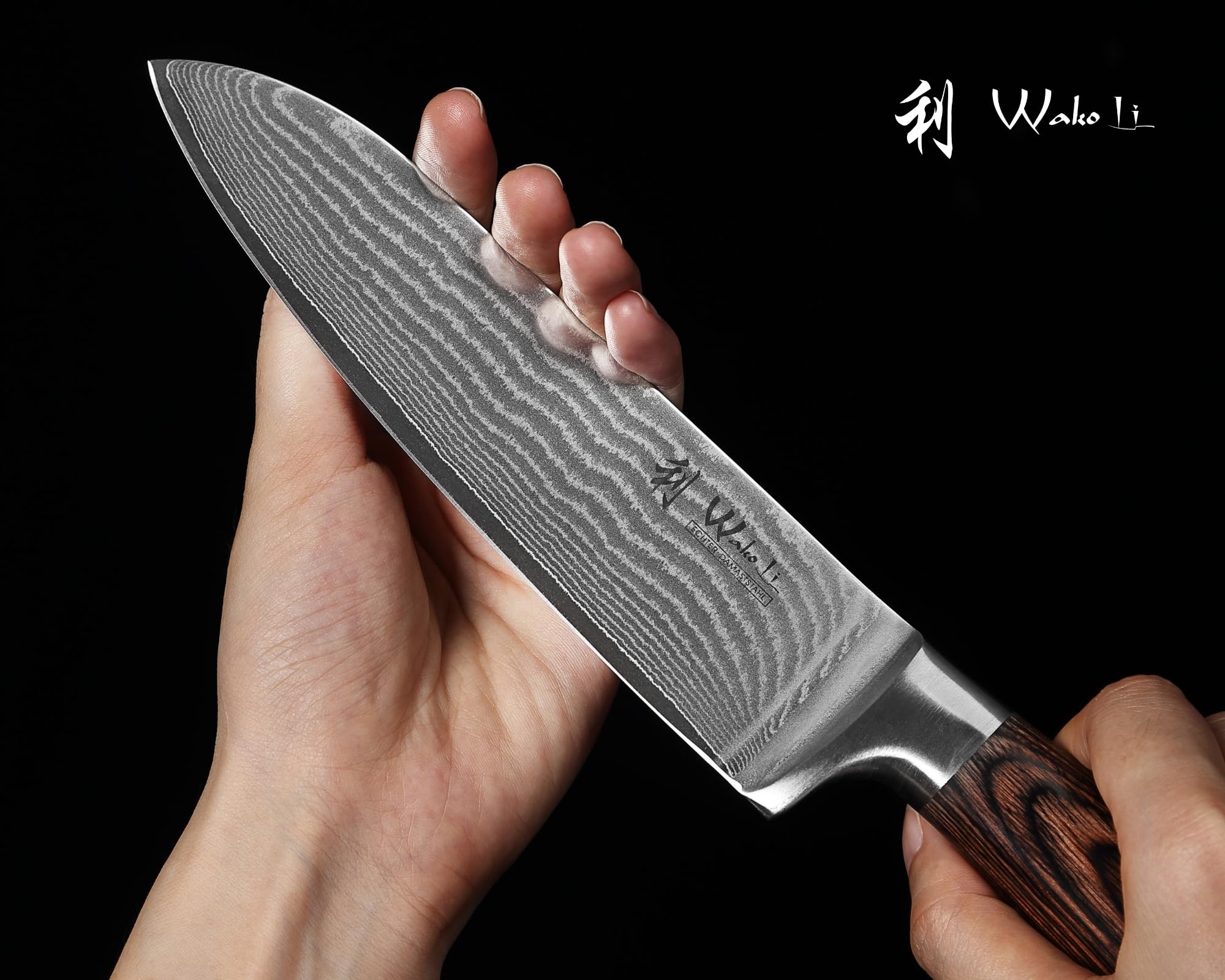 Wakoli Edib Set de 3 couteaux en Damas I Lames en acier damassé à 67 couches avec noyau VG10 et manches en bois de pakka I Couteaux de cuisine professionnels & couteaux damassés dans une boîte en bois