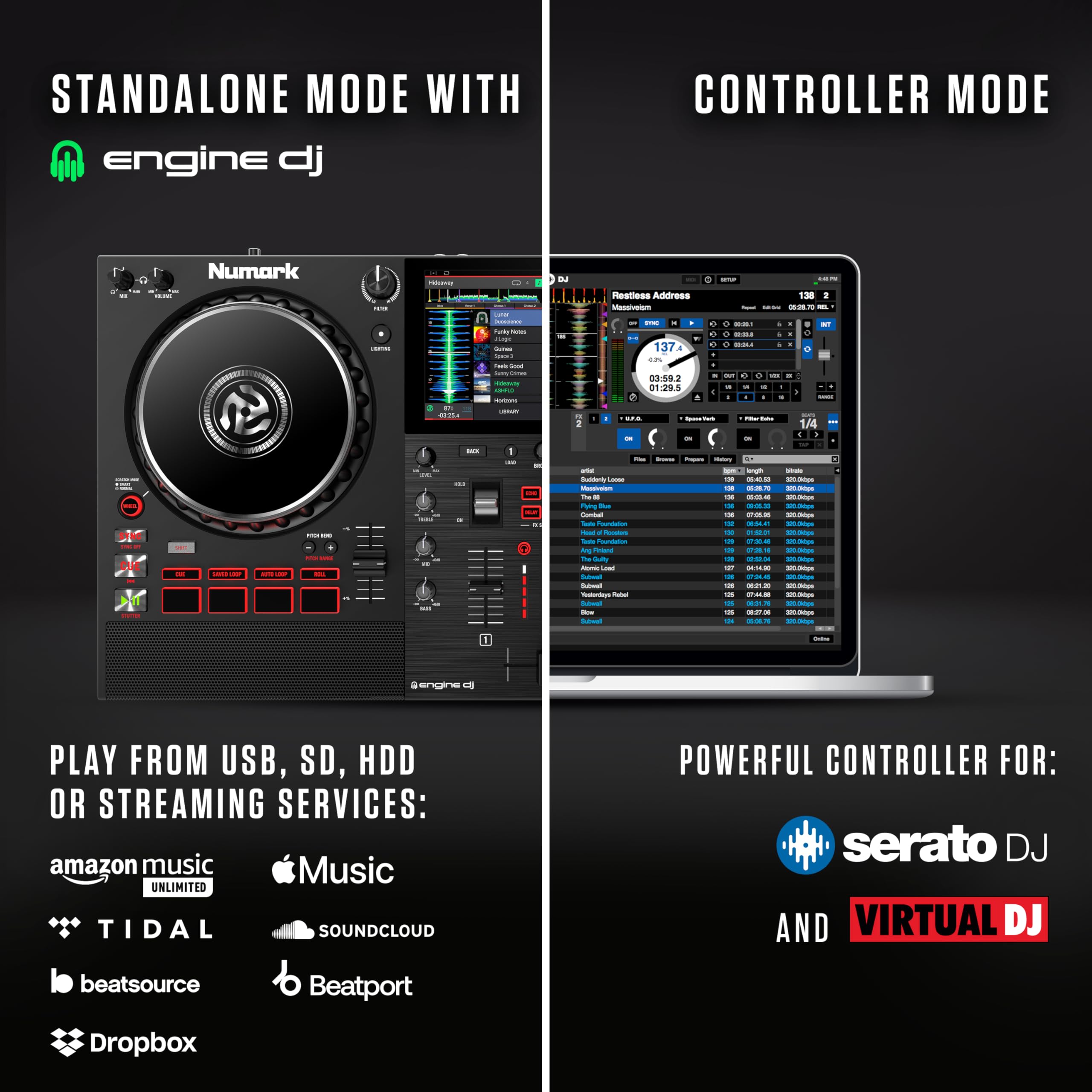 Numark Mixstream Pro+ Zestaw Kontroler DJ ze słuchawkami do muzyki na żywo, setów DJ-skich, eventów, produkcji muzycznej