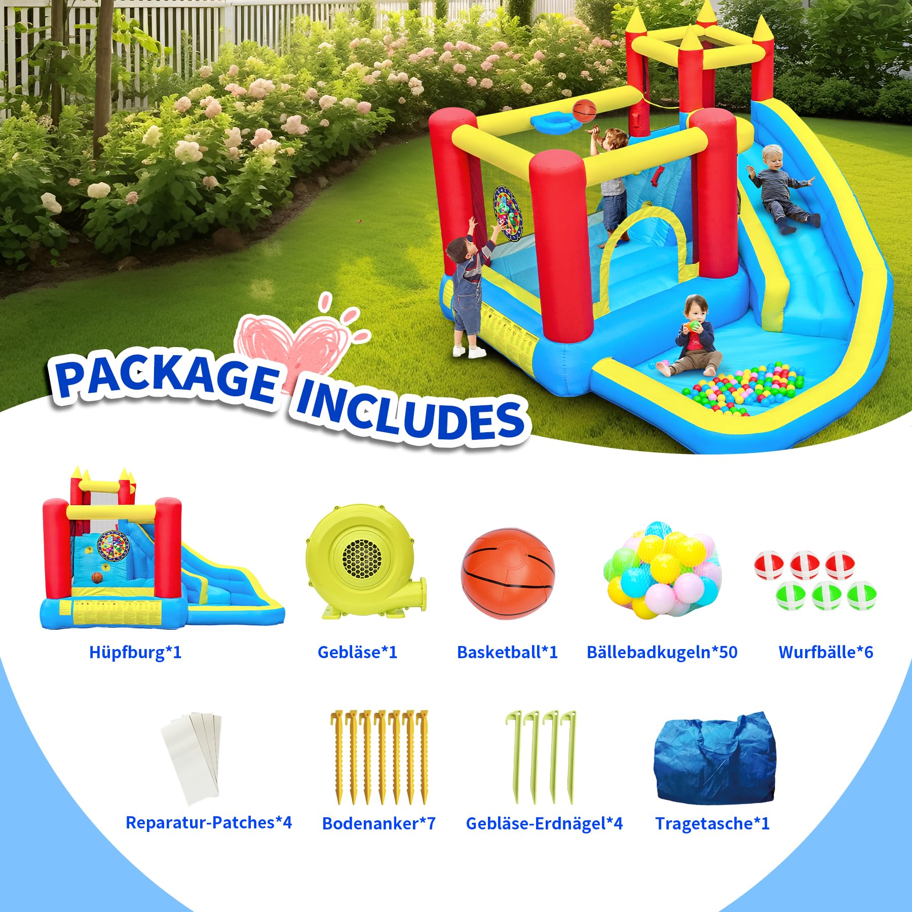 hüpfburg Kinder mit rutsche und kletterwand, hüpfburg gebläse inklusive, innen und außen hüpfmatratze für Kinder Bouncy Castle 3-10 Jahre 274 x 310 x 218 cm Outdoor hüpfburgen (Langrutsche)