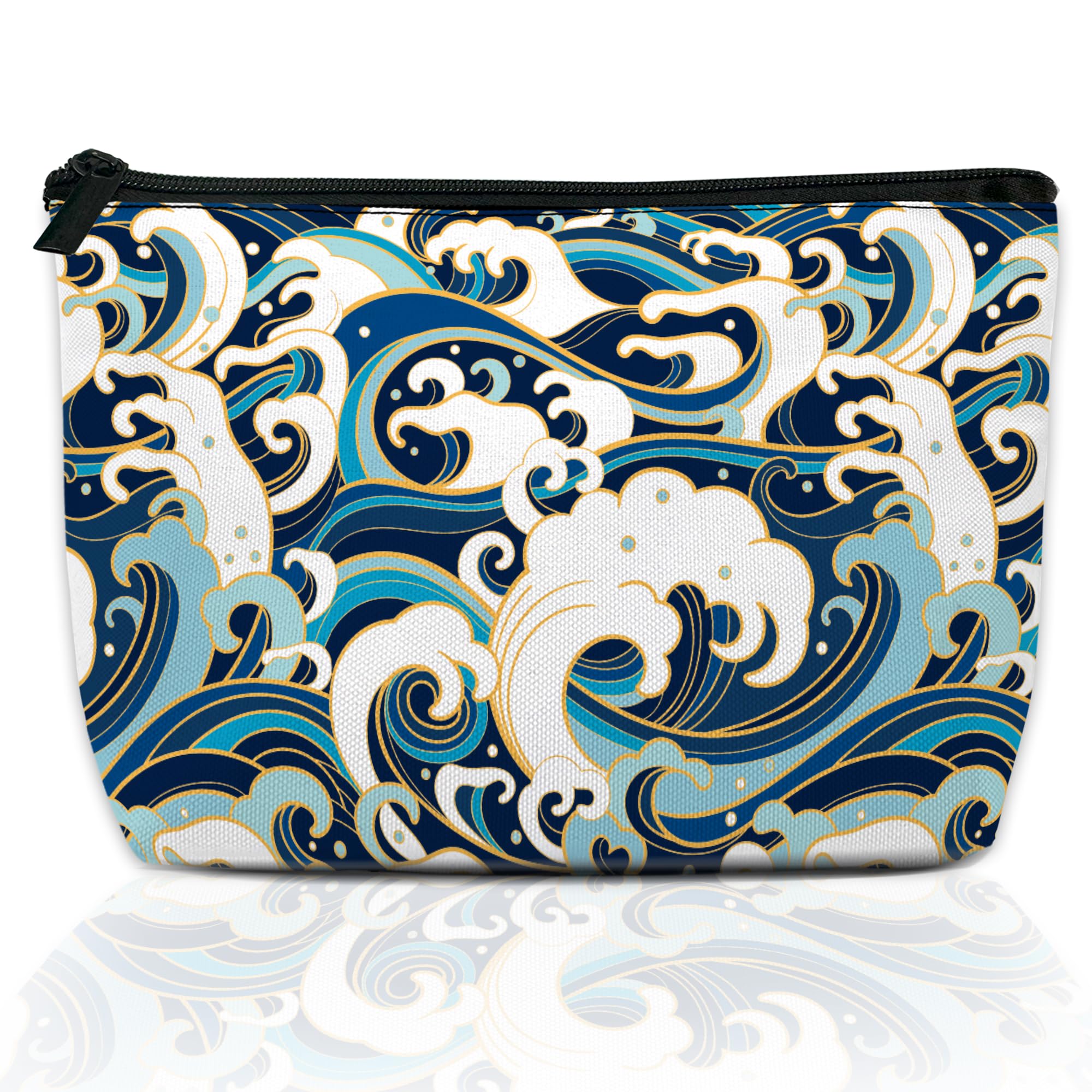 DEMACYA Makeup Bag for Purse, Japanese Blue and White Wave Cosmetic Bag for Women, Travel Toiletry Funny Zipper Pouch Gift 9.5×5.9 Inch