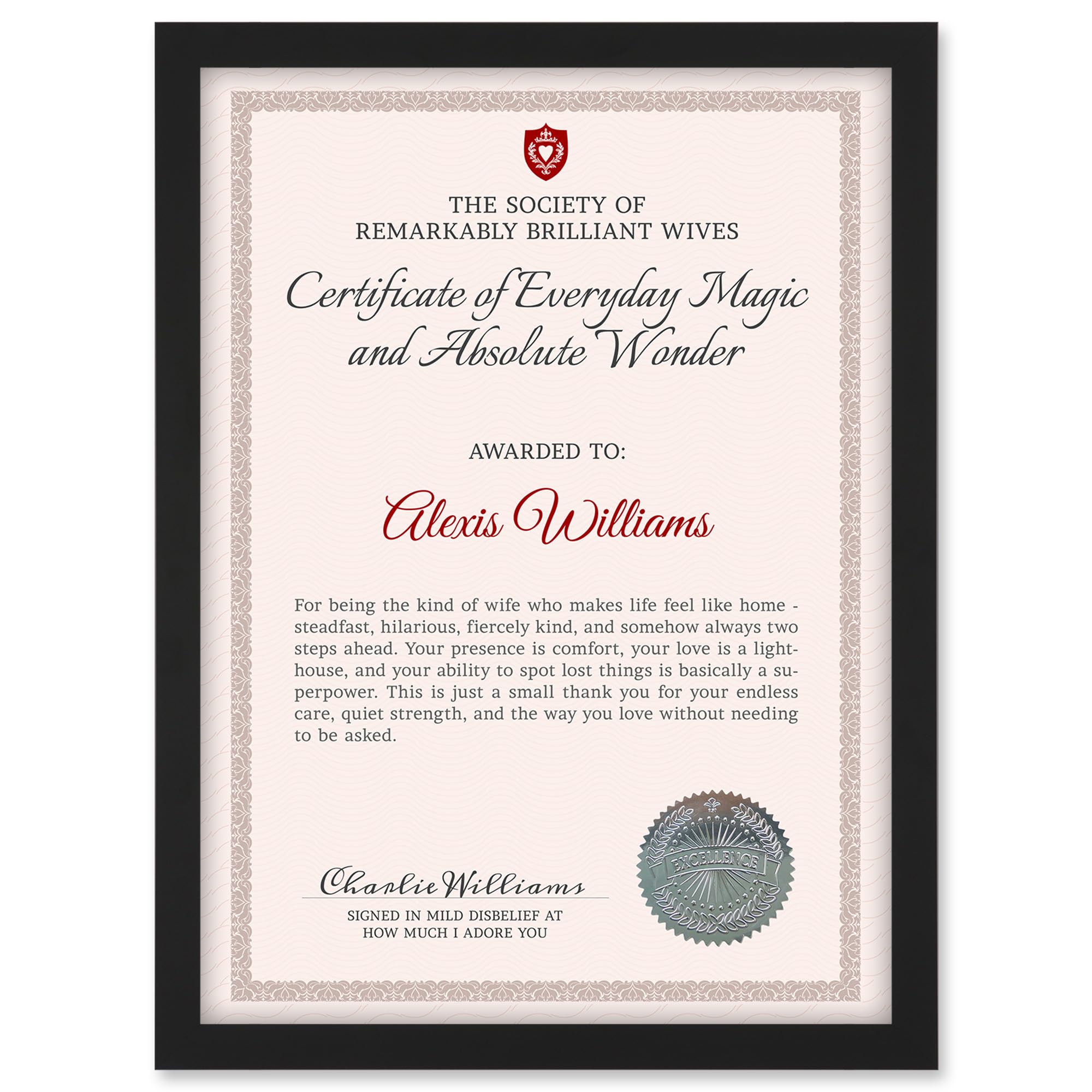 Artery8 Wife Personalised Certificate Remarkably Brilliant A4 Black Framed Diploma Novelty Award Thank You Valentines Anniversary