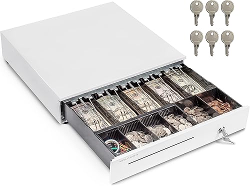 Miniatura 9 de Volcora Cajón de 33 cm de caja registradora para sistema de punto de venta (POS) con bandeja de efectivo de 4 billetes y 5 monedas, compartimento