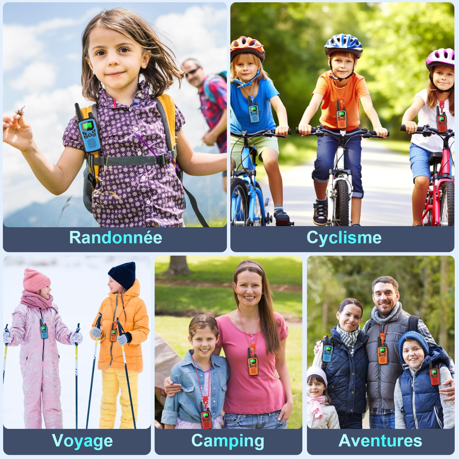 Lot de 3 Talkies-Walkies Rechargeables pour Enfants et Adultes - Radio Rabigala 16 Canaux, Portée de 5 km - Talkie-Walkie avec Batterie Li-ION, VOX, Lampe de Poche LED et Écran LCD