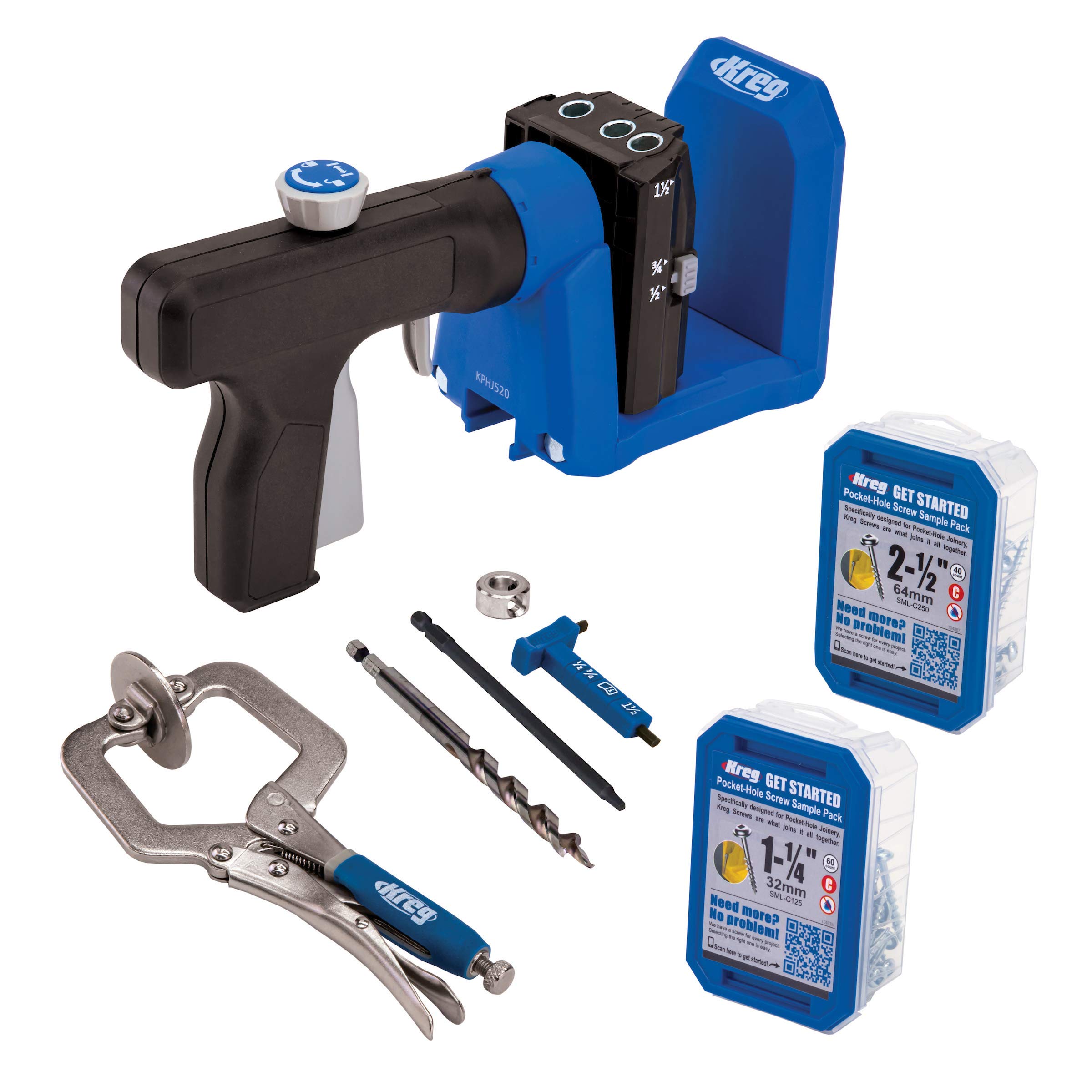 Kreg KPHJ520PRO Pocket-Hole Jig - Durable Kreg Pocket-Hole Jig - Easy Clamping & Adjusting - Includes 360-Degree Rotating Handle - With Pocket-Hole Screws - For Materials 1/2" to 1 1/2" Thick