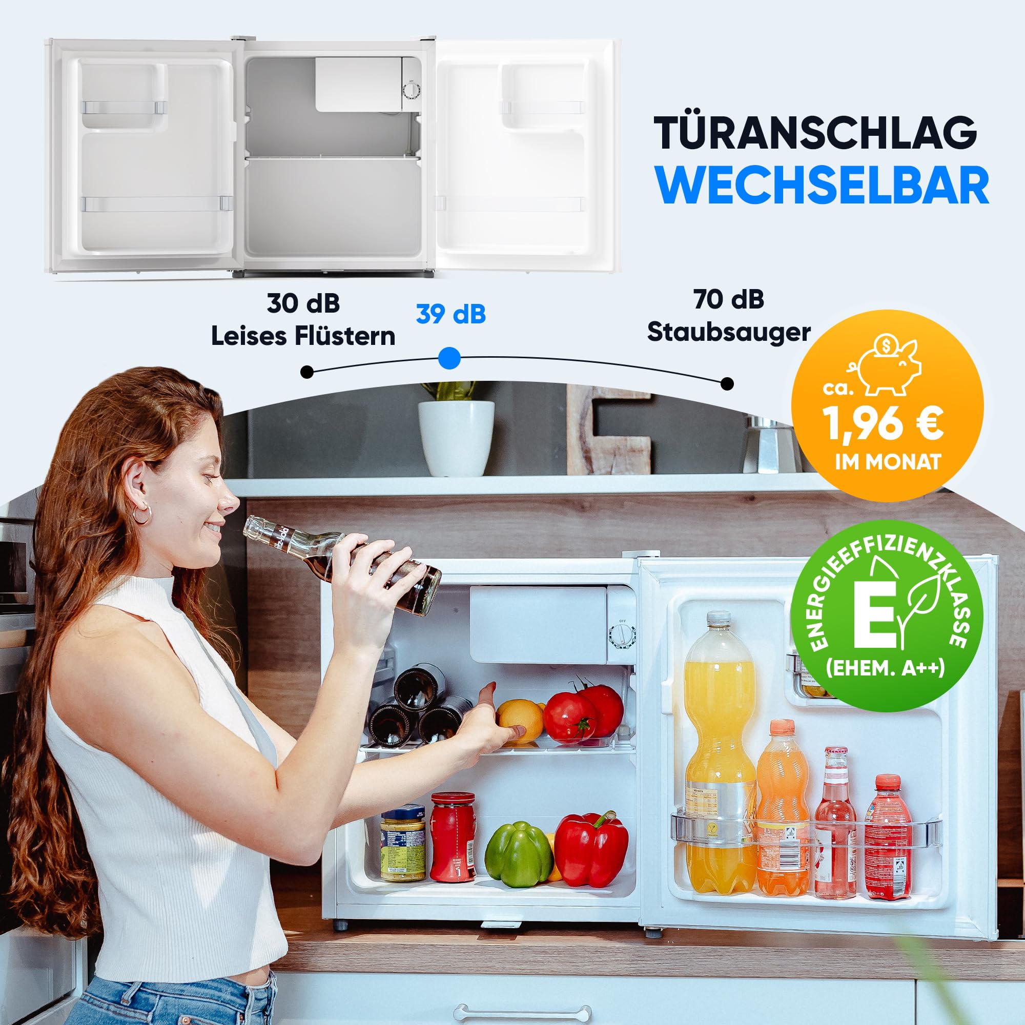 Stillstern Mini Kühlschrank E 45L mit Abtauautomatik, Schloss, Frostfach, Leise, Ideal für Küche, Büro, Schlafzimmer, Hotels und kleine Wohnungen Kühlschrank klein Minibar Getränkekühlschrank Weiß