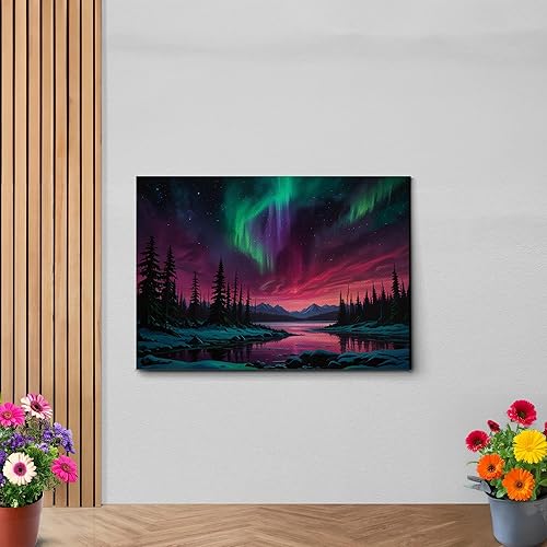 Miniatura 6 de Aurora Borealis, Northern Lights Art, framed canvas print, snow capped mountain landscape art, synthwave vaporwave, Art Decor, Wall