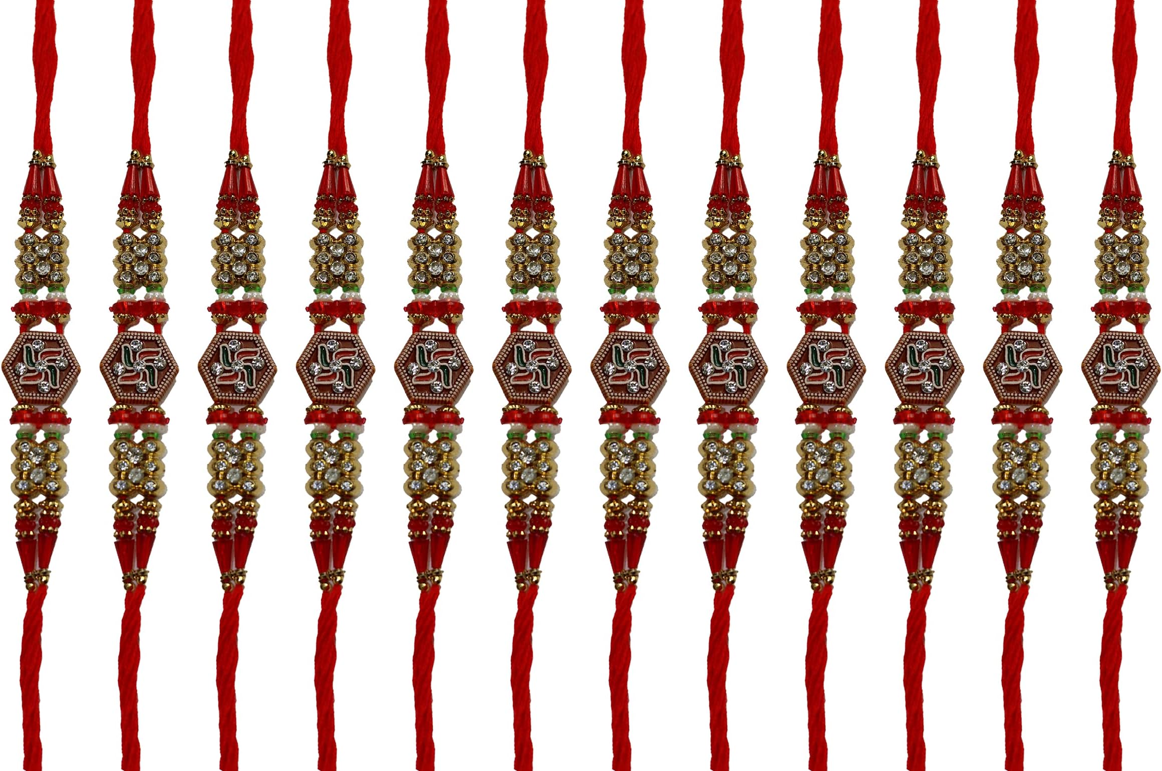 Fancy Rakhi Set of 12 Double Red Thread Multicolour Beads | Unique Rakadhi Gift for Brother and Bhabhi 2019