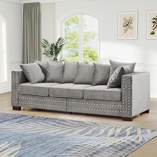 Sofá moderno de mediados de siglo de 84.5 pulgadas de ancho con almacenamiento, sofá tapizado de terciopelo, sofá Chesterfield de asiento profundo