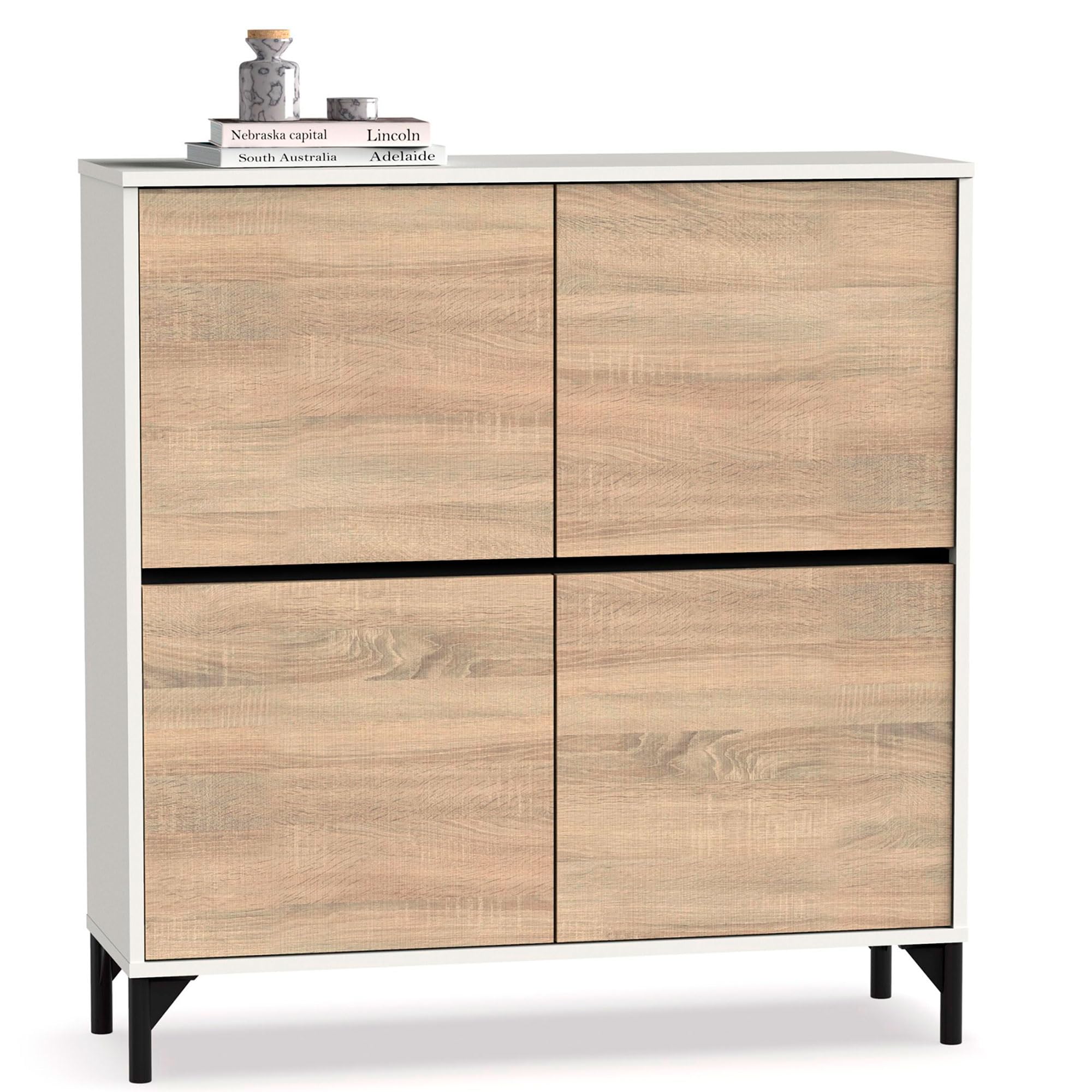 briebe Zapatero Entrada Recibidor, Mueble Auxiliar de Madera para Zapatos, 4 Puertas, 96,5x101x33 cm (Alto x Ancho x Profundo) 20 Pares Aproximadamente, Harmony Roble Cambrian/Blanco