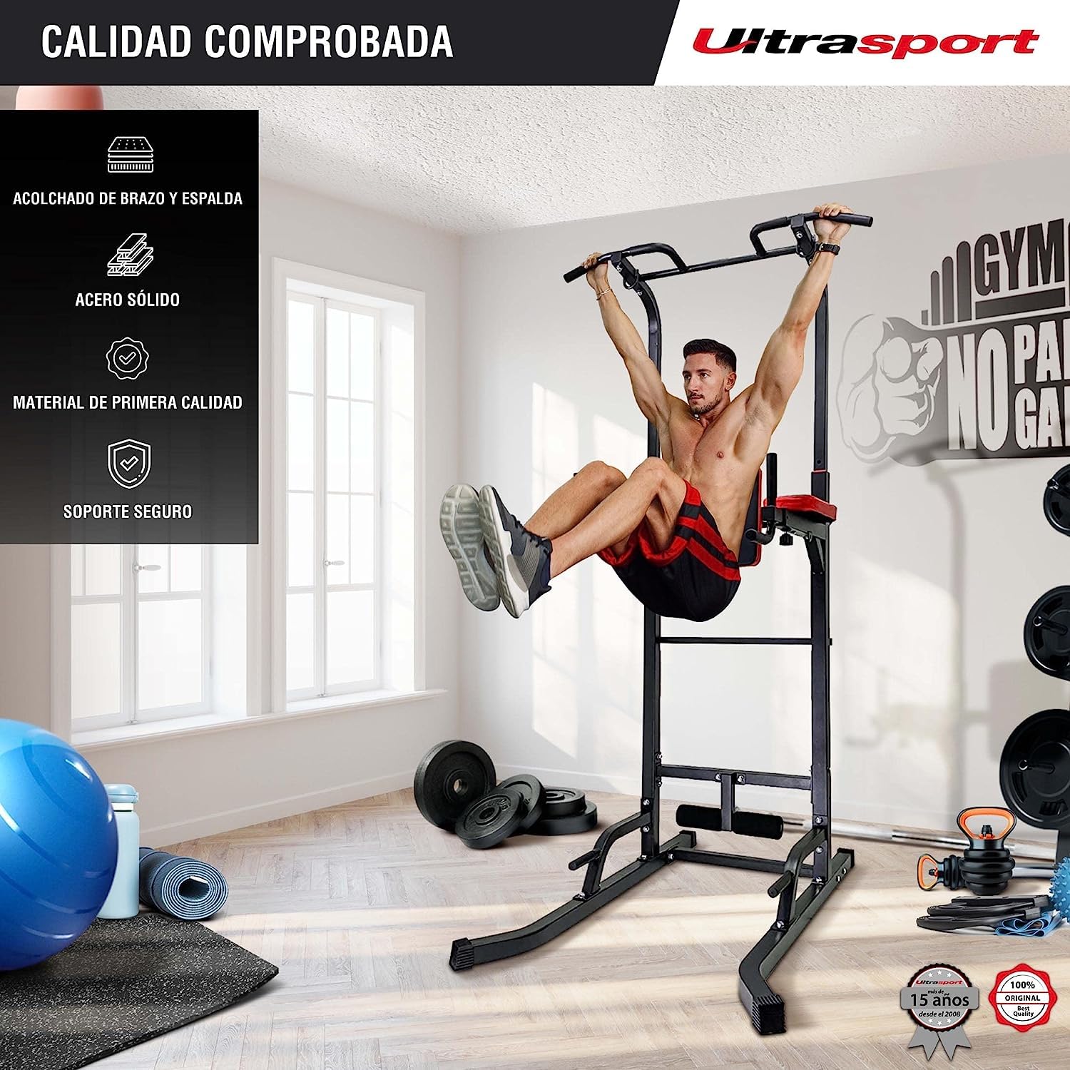 Ultrasport Power Tower, estación de flexiones, estación de inmersión, torre de fitness, altura ajustable, gimnasio en casa, torre de fuerza, ajustable hasta 150 kg de peso del usuario