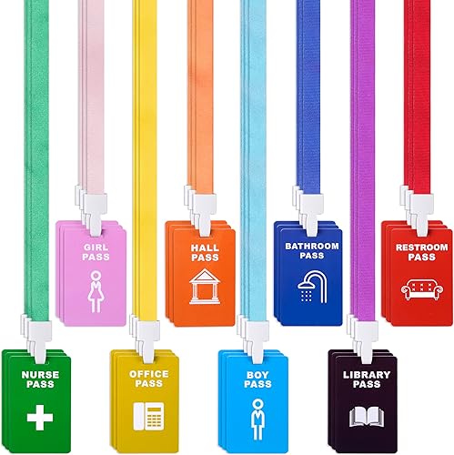 Juego de 48 pases de colores brillantes pases de 24 piezas y 24 cordones para pases escolares, pases escolares, pase de pasillo, pase de baño, pase