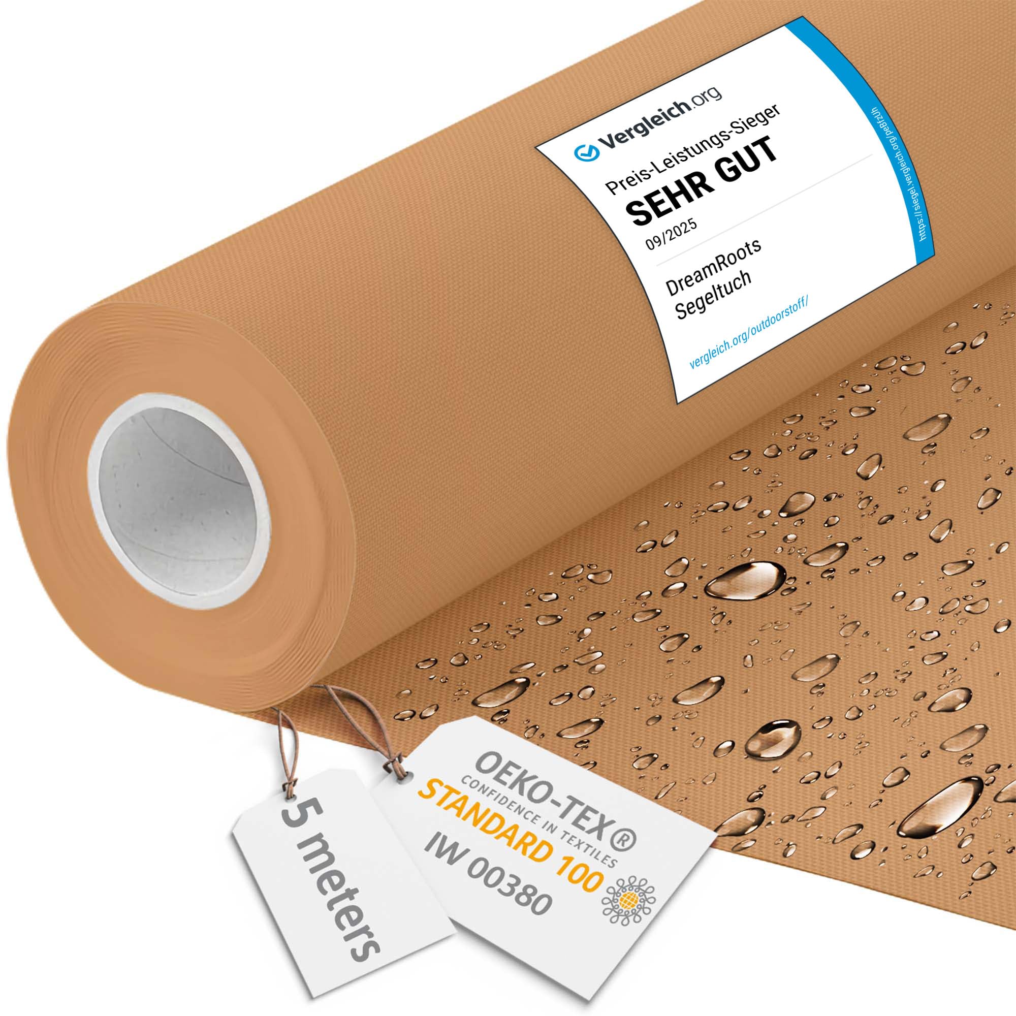 DreamRoots Segeltuch Wasserdicht - Polsterstoff Meterware 160 cm breit - Wasserabweisender Stoff 220 g/m2 600D - Markisenstoff Wasserdicht Meterware Beige 5M