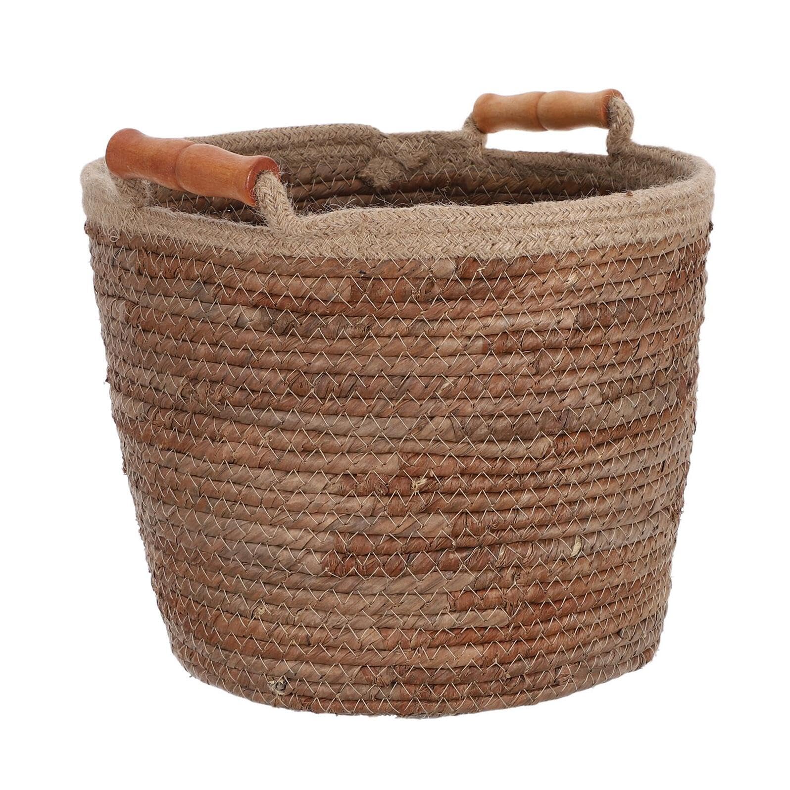 Panier de rangement tissé main en fibres naturelles et poignées en bois