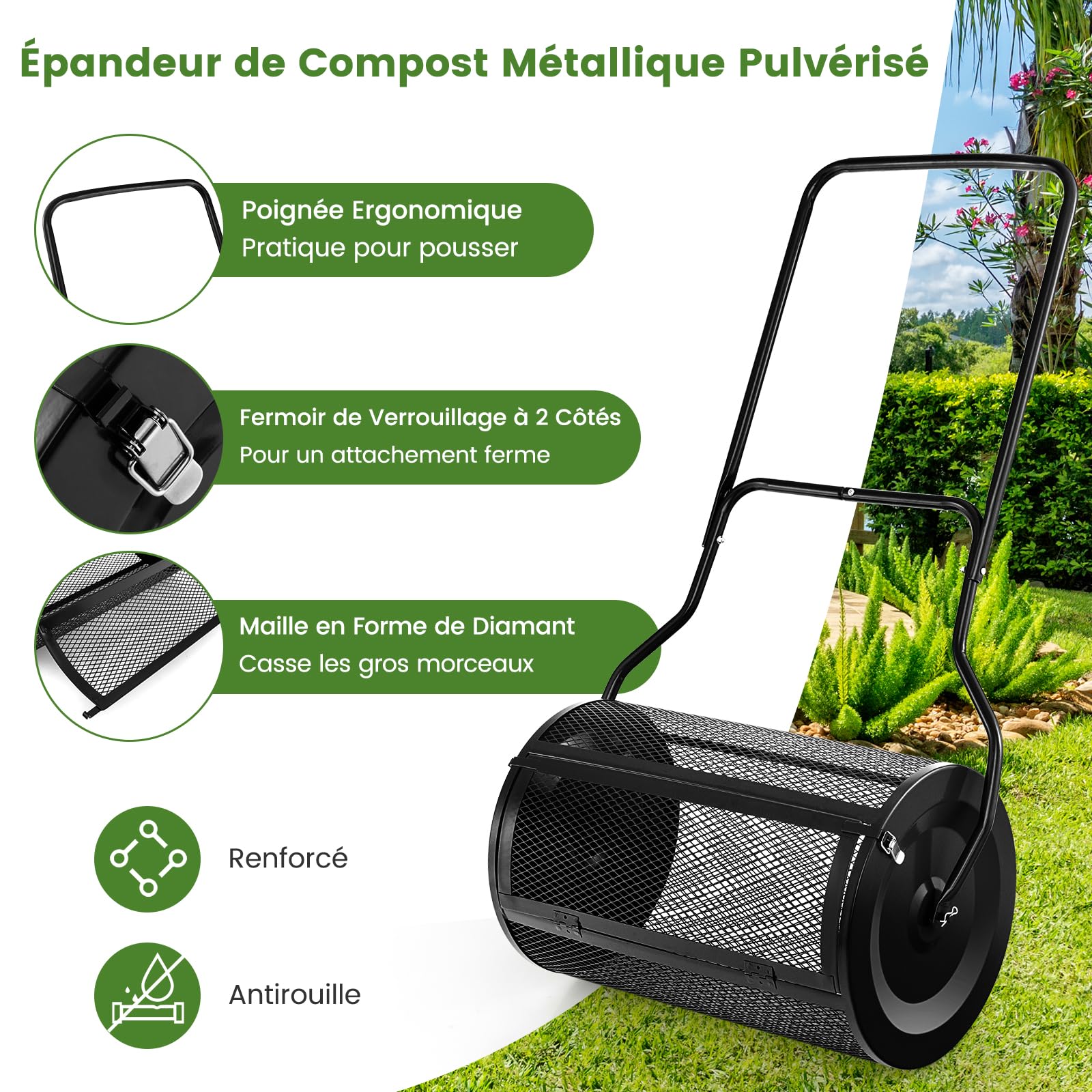 GOPLUS Epandeur de Compost de 60cm avec Rouleau en Maille Métallique, Noir