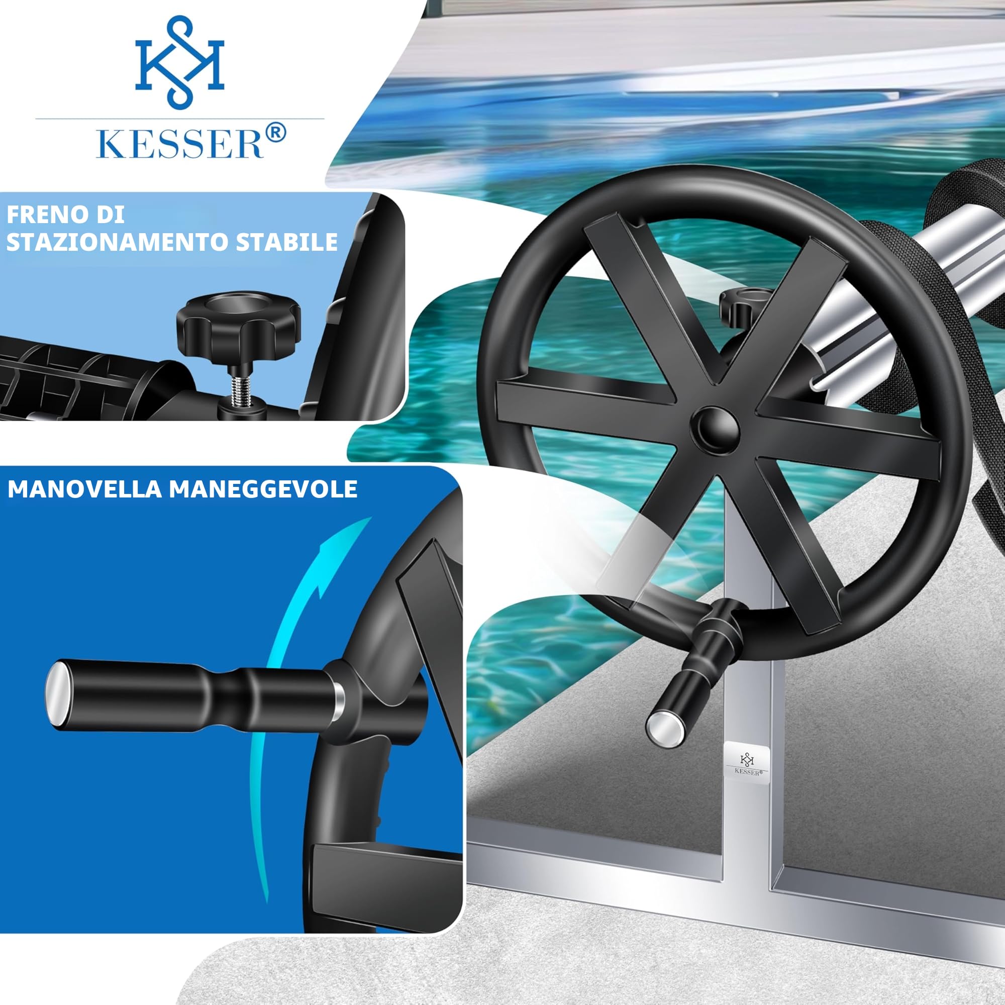 KESSER® Sistema di Bobine Premium Sistema di avvolgimento 3m - 5.70m | con Ruote | per Il telone Solare | Dispositivo Mobile di avvolgimento per teloni e coperture per Piscine | Inclusi i Nastri