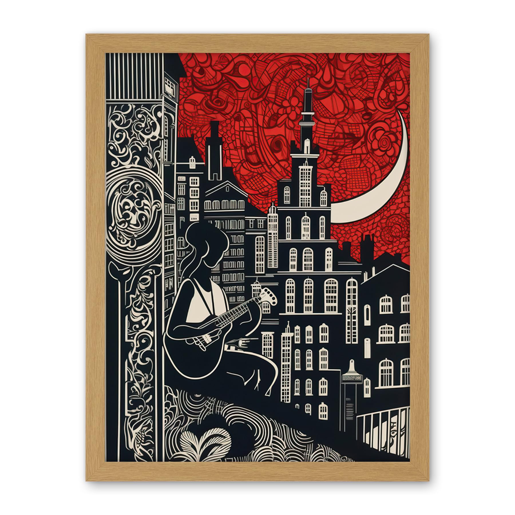 Artery8 Street Musician Guitarist in Edinburgh Cityscape Artwork Framed Wall Art Print 18X24 Inch